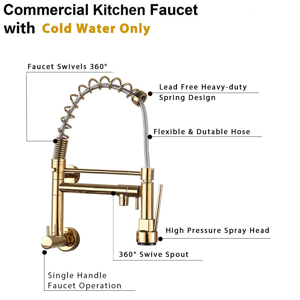 Brass Wall Mounted Single Handle Pull Down Kitchen Sink Faucet - 2 Function Cold Water Mixer Tap in Gold for Modern and Compact Kitchens