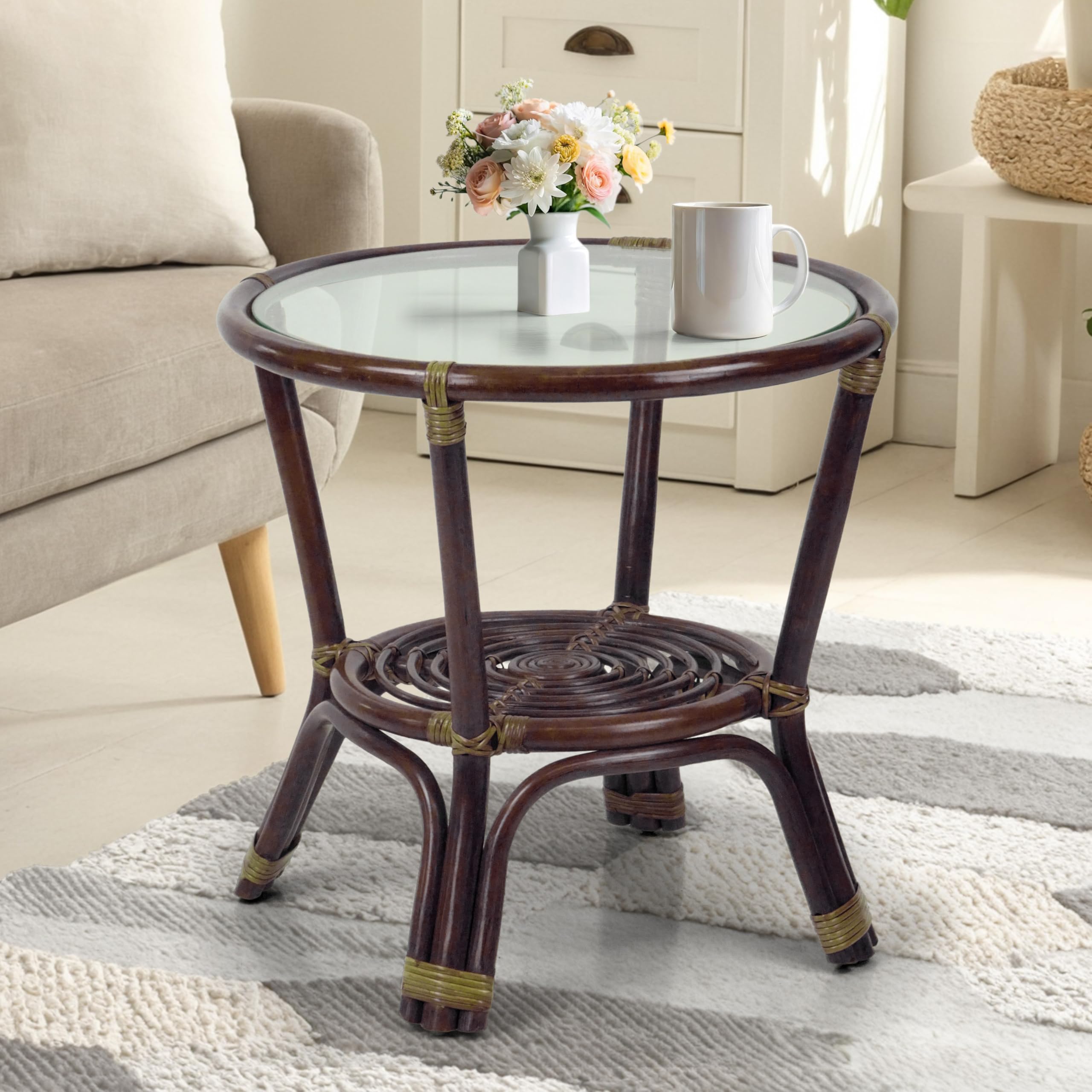 Dark Brown Leo Rattan Wicker Round Accent Coffee Table with Tempered Glass Top - Perfect for Living Room, Patio, or Balcony Decor