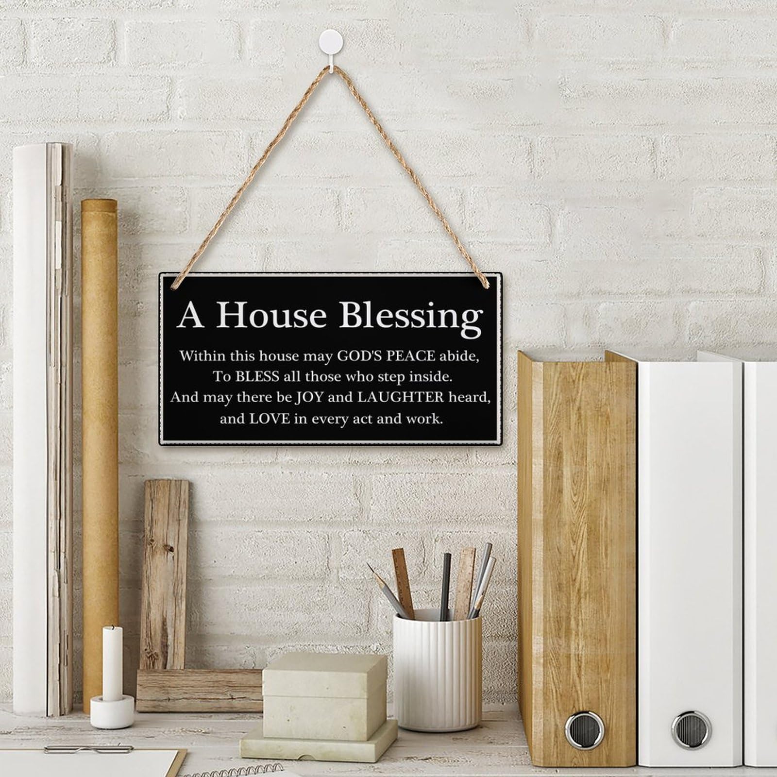 House Blessing Hanging Sign - 12x6 Inch Wooden Door Plaque with Inspirational Quote - Rustic Home Decor for Entryway, Porch & Farmhouse Style