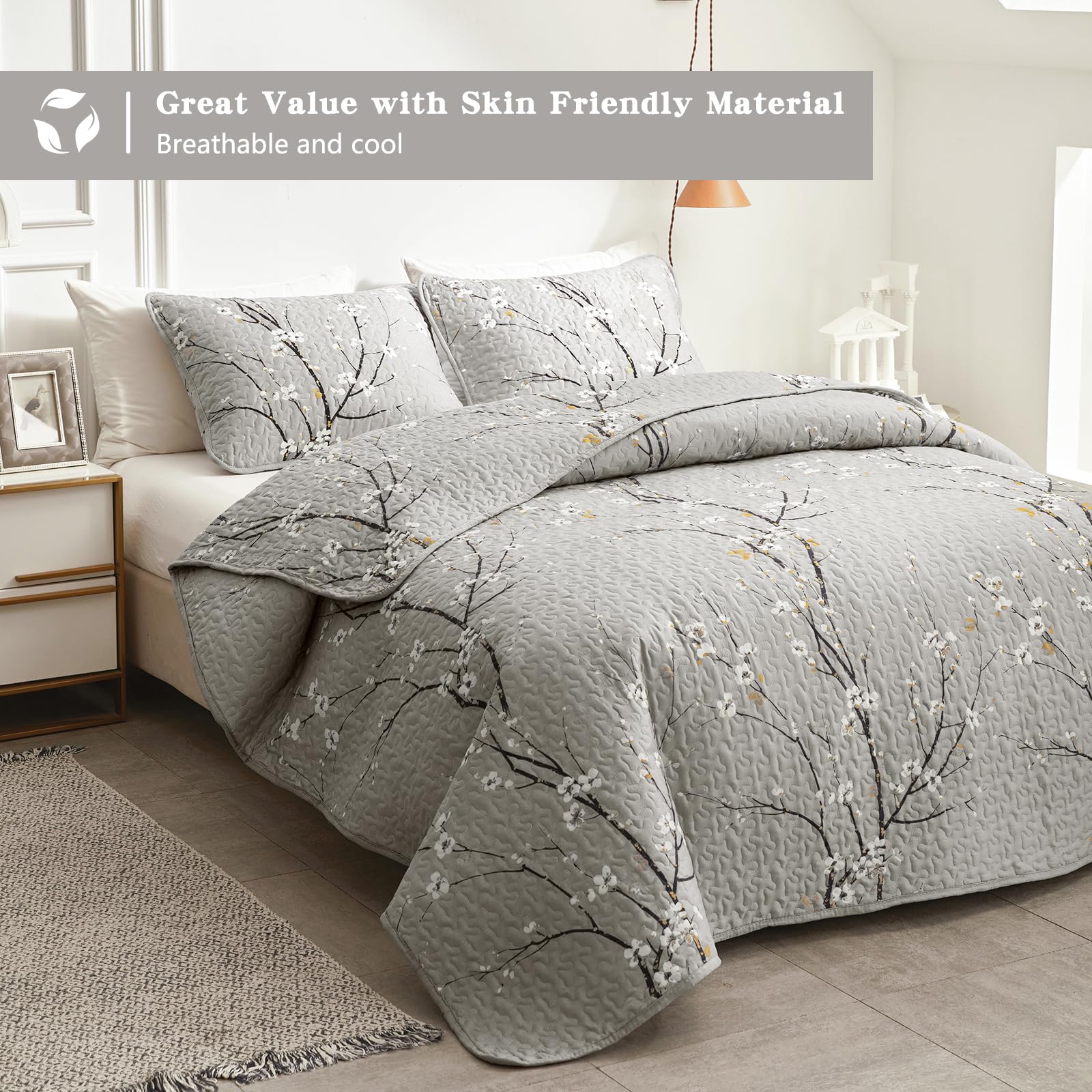 UOZZI 2-Piece Reversible Quilt Set - Gray Branch with White Orange Floral Pattern - Twin Size 68x86 Inches - Soft Microfiber Lightweight Bedspread - All Season Coverlet for Bedroom, Guest Room & Dorm - Includes 1 Quilt + 1 Shams
