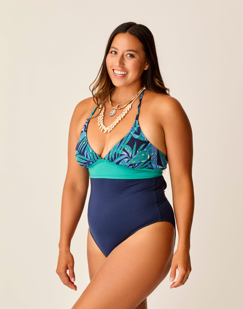 Dahlia One Piece Swimsuit - Blue Oasis with Navy Trim | Women's Floral Print Bathing Suit for Beach, Pool & Vacation
