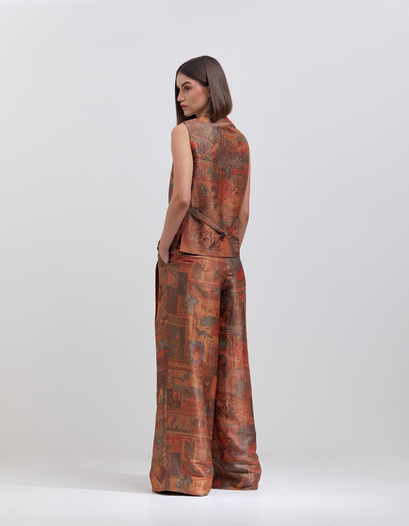 Terracotta Silk Brocade Vest with Zig Zag Pattern - Elegant Women's Fashion Top for Parties, Weddings & Special Occasions