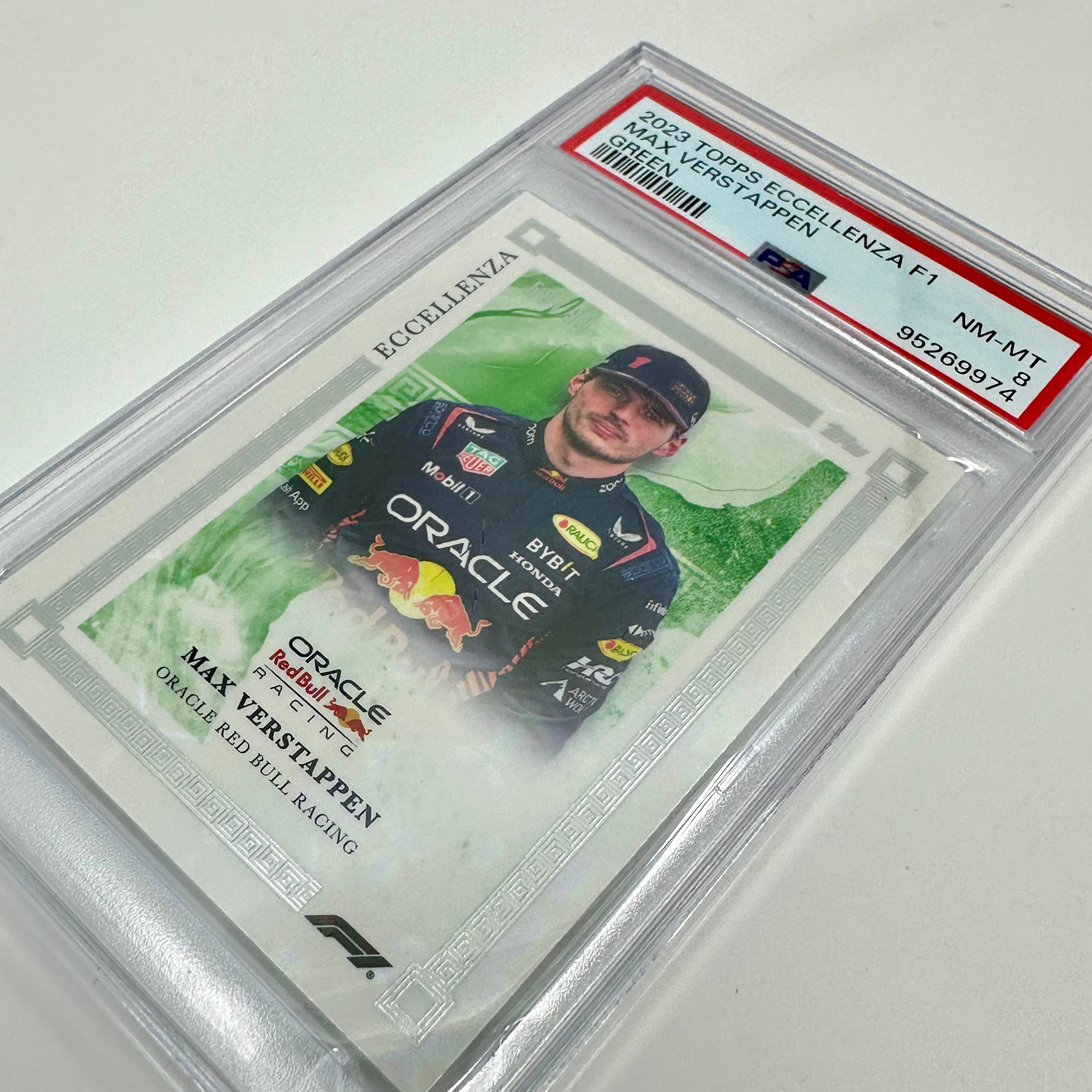 PSA 8 Graded 58/99 Max Verstappen Green 2023 Eccellenza Racing Card - Perfect for F1 Collectors and Motorsport Memorabilia Enthusiasts