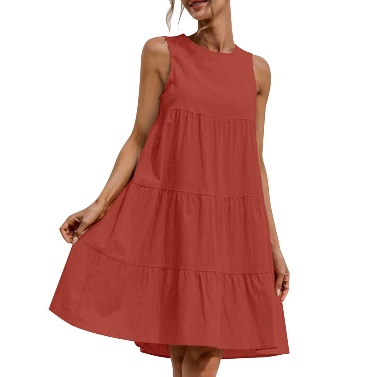 Women's White Casual Sleeveless Sundress - Round Neck A-Line Pleated Mini T-Shirt Dress for Summer Beach, Vacation & Outdoor Activities