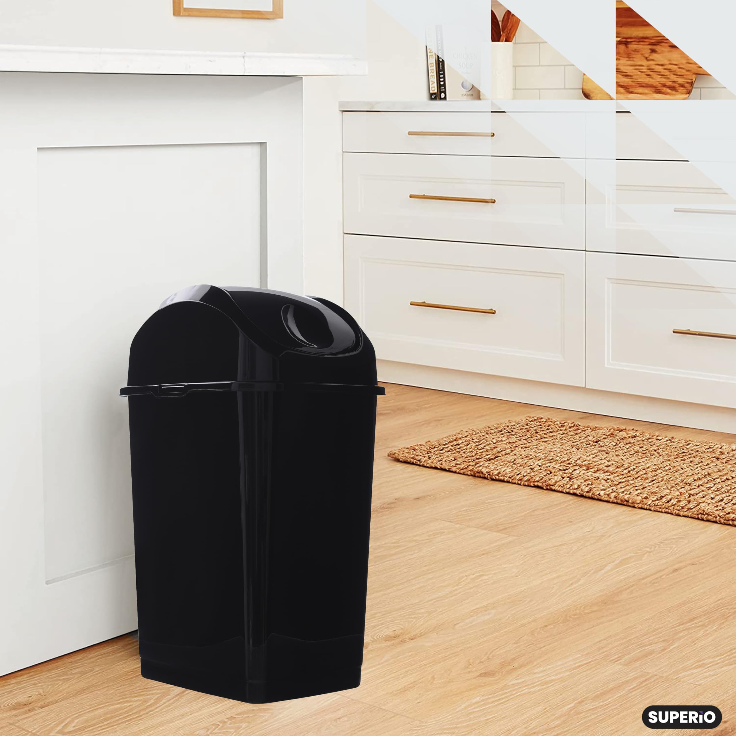Premium 9 Gallon Slim Swing Top Kitchen Trash Can - 37 Qt Sturdy Plastic Waste Bin with Lid for Office, Bathroom, Under Counter, Dorm & Bedroom - Odor-Controlling Garbage Can for Home & Commercial Use (Black)