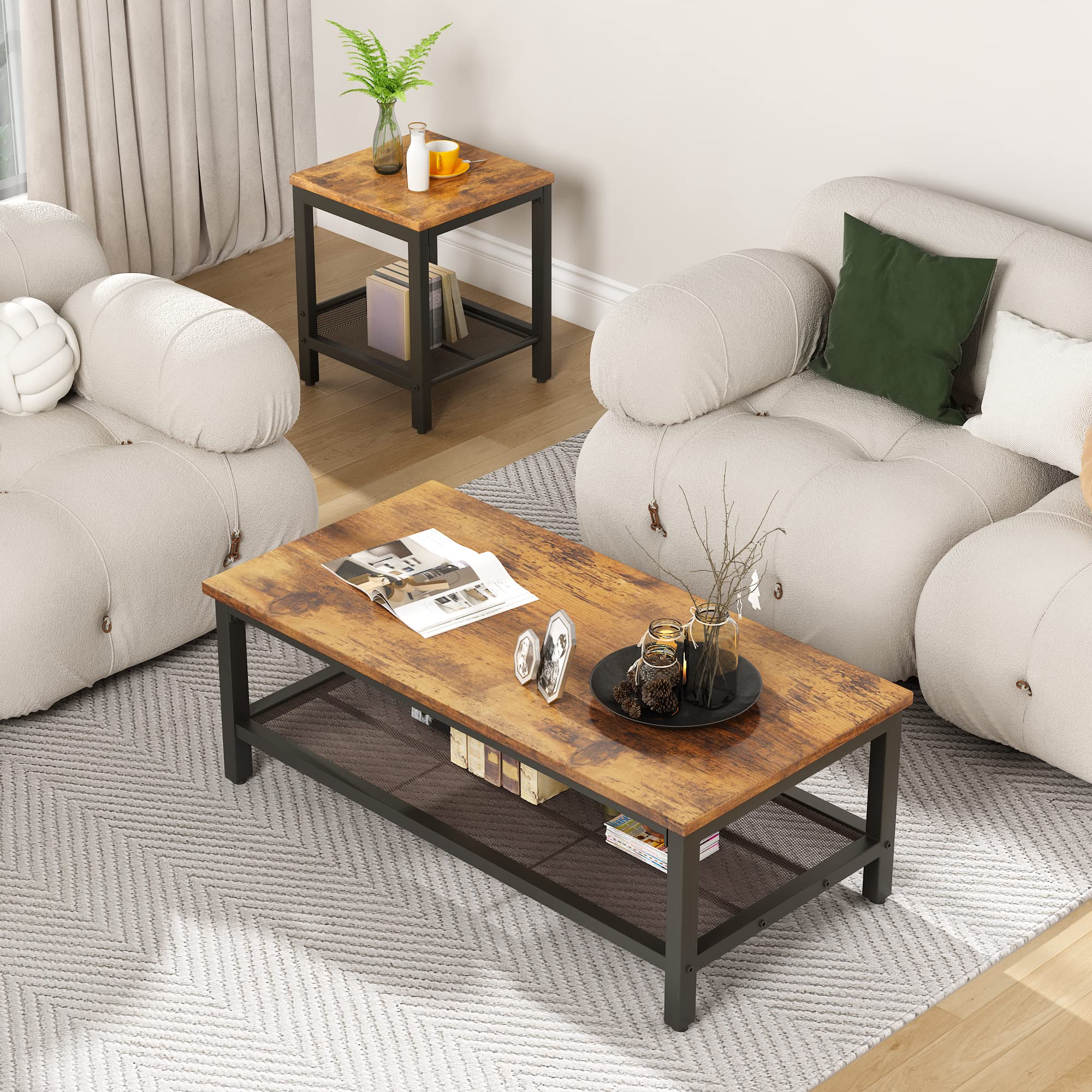 Lamerge 3-Piece Industrial Coffee Table Set with Metal Frame - Rustic Brown Living Room Tables (Coffee Table + 2 Square End Tables) for Apartment, Home Office & Modern Farmhouse Decor | Perfect for Small Spaces, Entertaining Guests & Stylish Home Furnishing