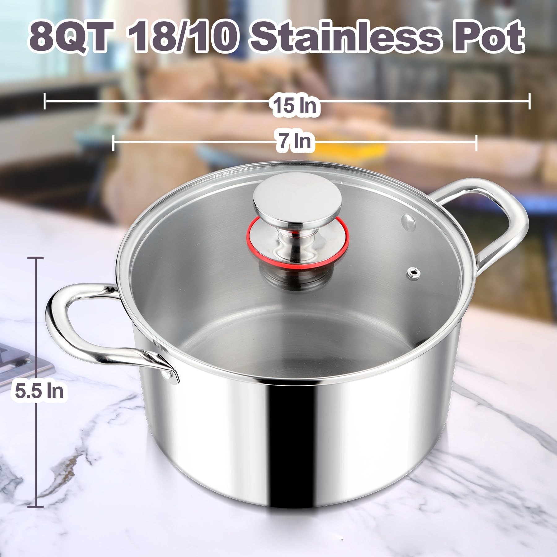 LIANYU 8QT 18/10 Stainless Steel Stock Pot with Lid - Heavy Duty Triple Ply Induction Compatible Soup Pot for Cooking, Boiling, Stewing & Canning - Perfect for Pasta, Soups & Large Family Meals