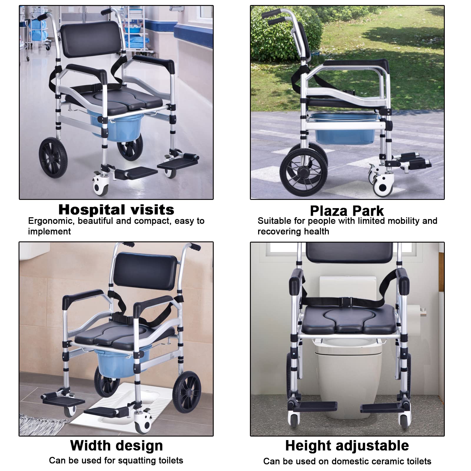 **Foldable Aluminum Alloy Shower Chair with Wheels – 4-in-1 Adjustable Height Rolling Shower Wheelchair for Seniors – Sturdy Commode Seat with Large Basin – Ideal for Elderly Bathroom Safety & Mobility (Black)**    *(Use Case: Perfect for seniors, disabled individuals, or post-surgery recovery, providing safe bathing and easy mobility in bathrooms.)*