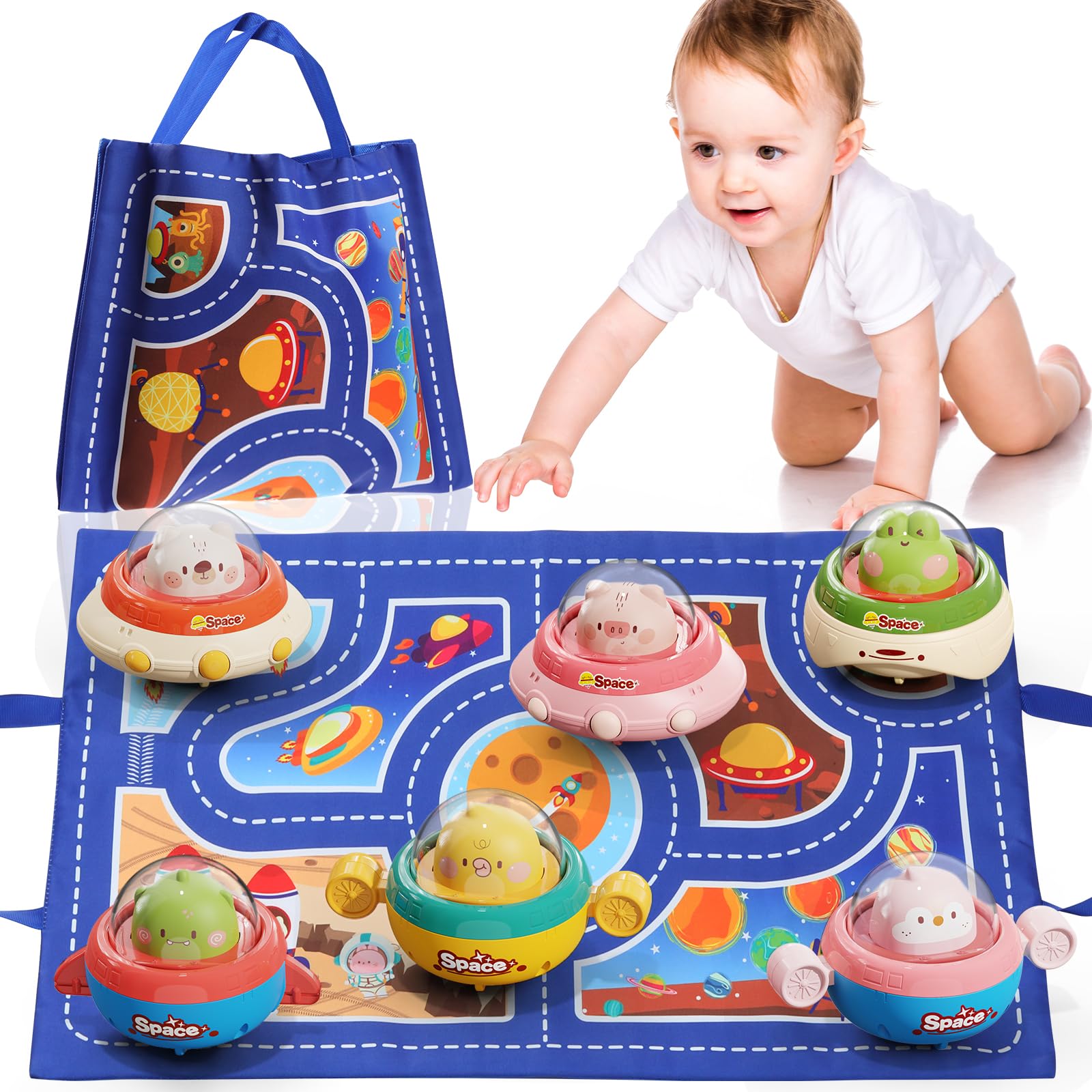 6PCS Animal Car Toys with Playmat - Space Theme Gift for 1 Year Old | Birthday & Christmas Present for Babies 12-18 Months