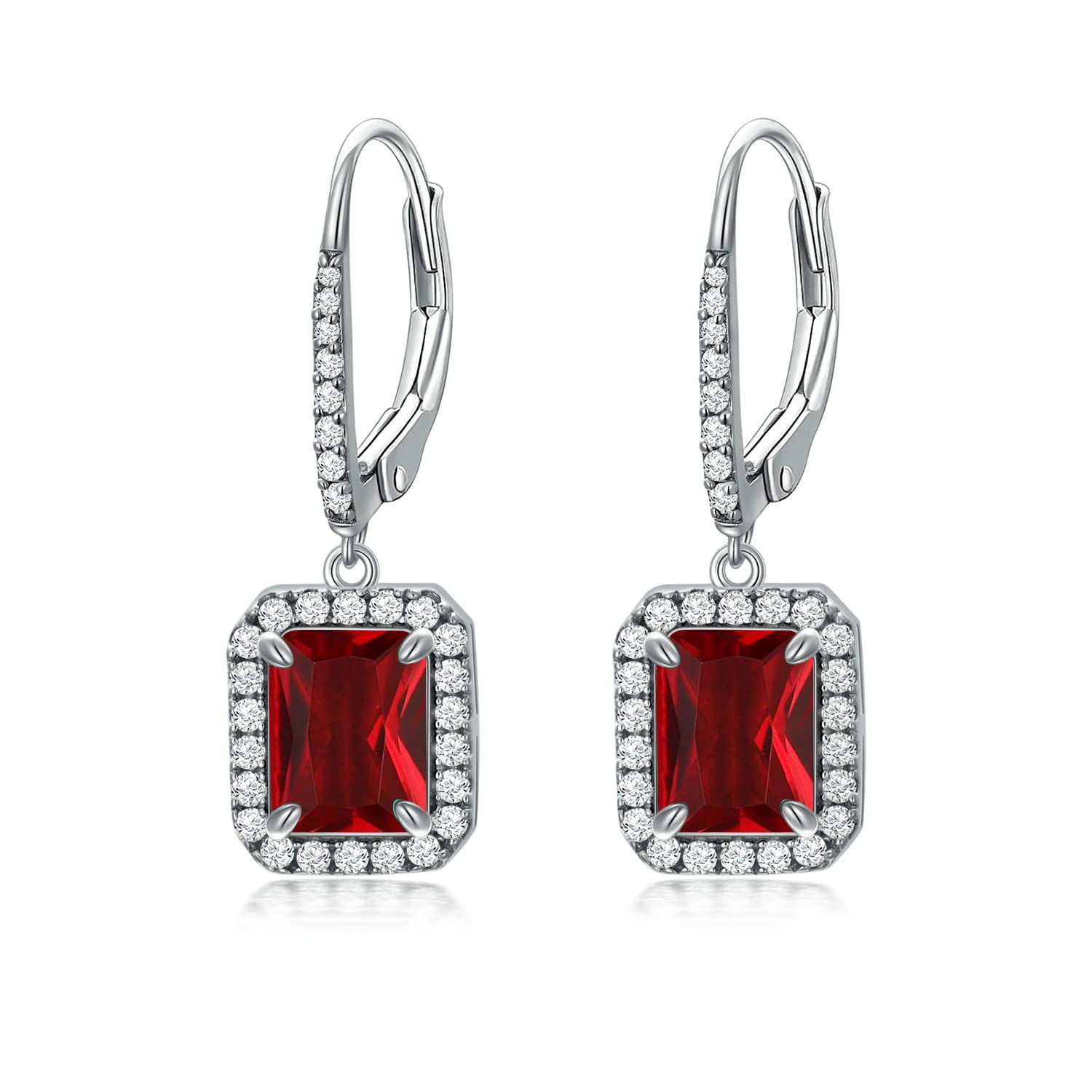 S925 Sterling Silver Birthstone Dangle Earrings - 18K White Gold Plated 9x7mm Created Emerald Leverback Earrings for Women, Ladies & Mom | Perfect Gift for Birthday, Anniversary & Special Occasions