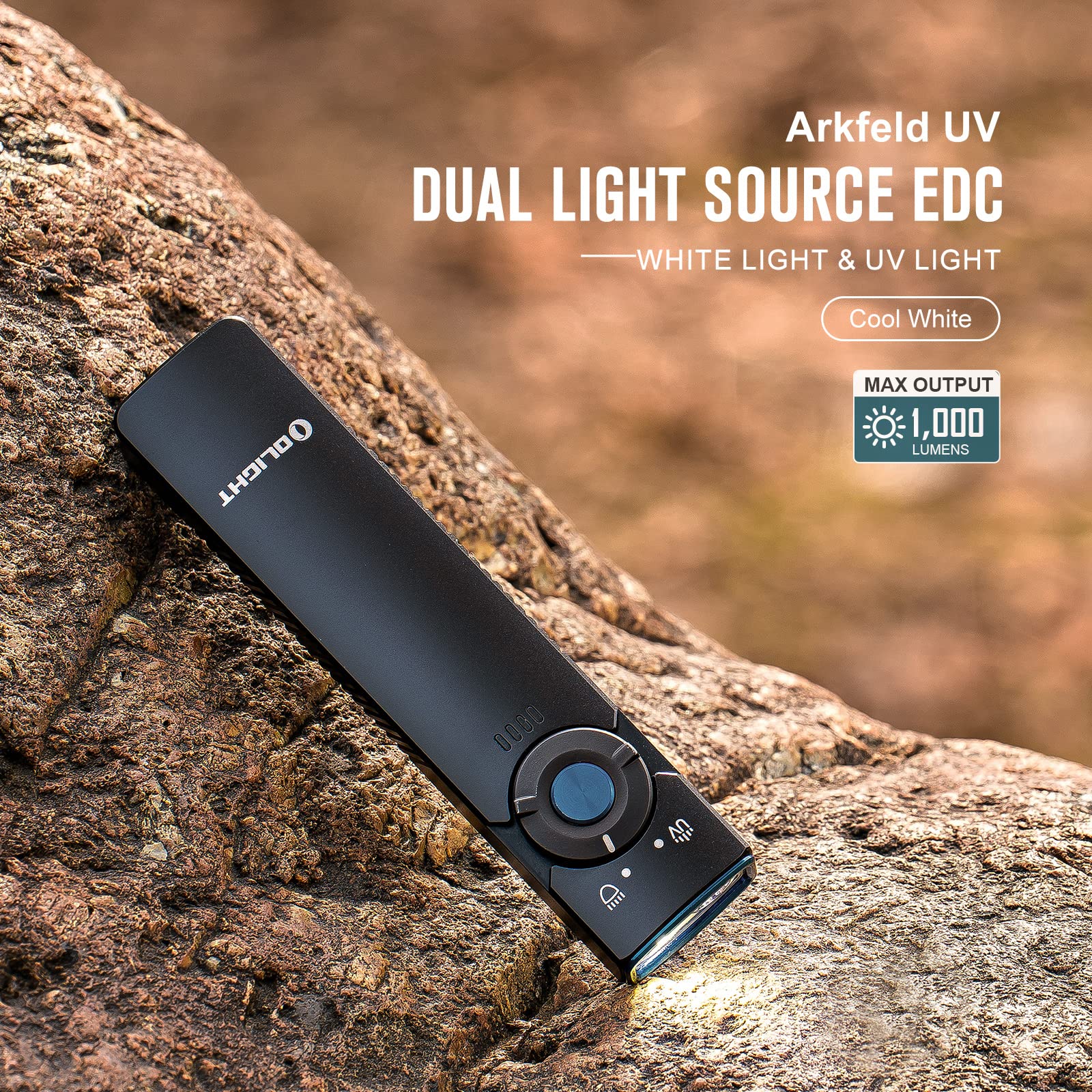 OLIGHT Arkfeld UV 365nm Black Light Flashlight - 1000 Lumens White LED, Rechargeable EDC Torch for Pet Urine Detection, Rocks & Mineral Hunting, Outdoor Adventures & Emergency Use (Black, Cool White 5700K-6700K)