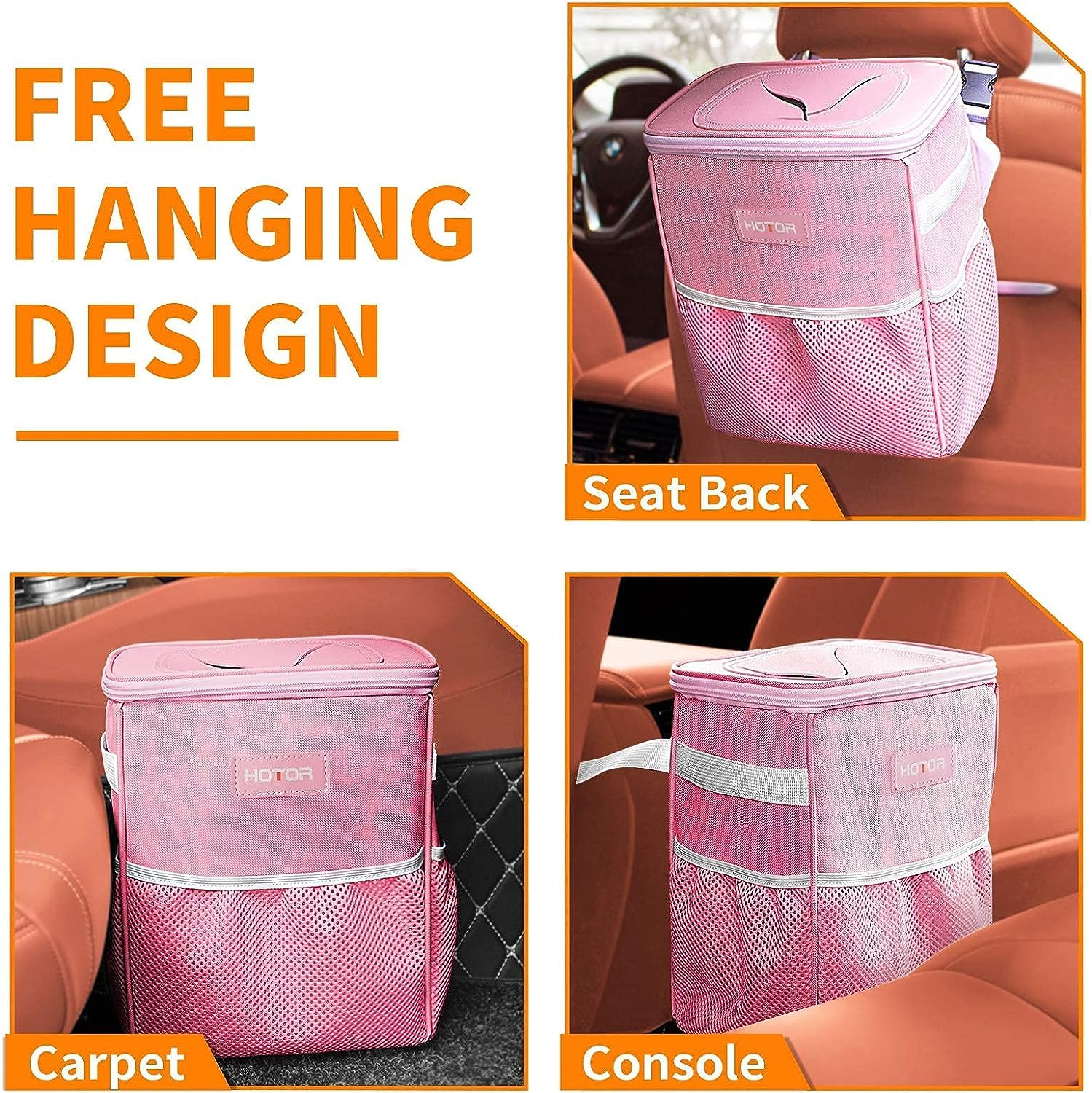 HOTOR 2 Gallon Car Trash Can with Lid - Leak-Proof Waterproof Garbage Bin with Storage Pockets | Multi-Purpose Vehicle Organizer for Road Trips, Commuting & Family Travel (Pink)
