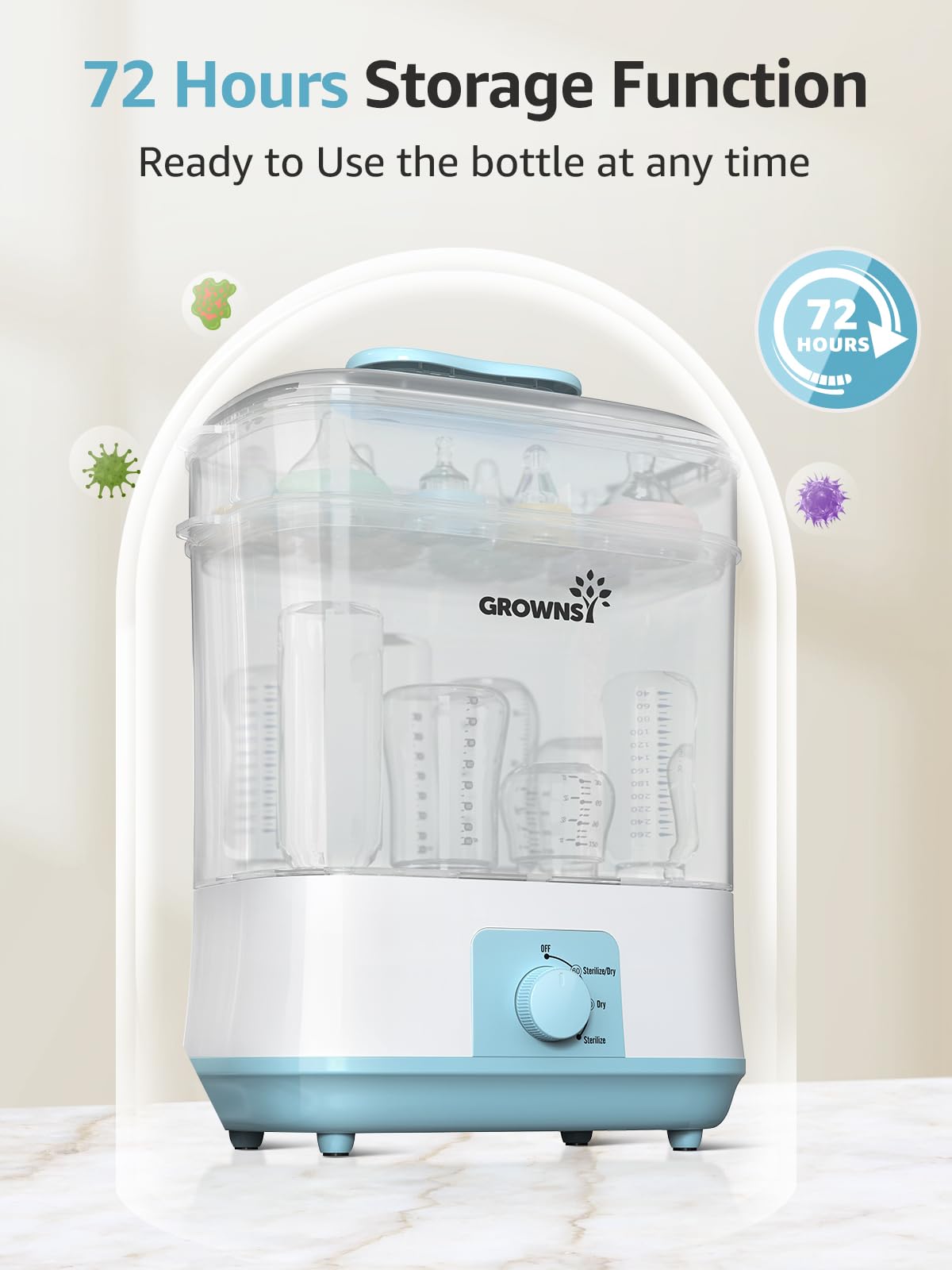 GROWNSY Electric Baby Bottle Sterilizer and Dryer - Steam Sanitizer for Bottles, Pacifiers & Breast Pump Parts (Blue) | Perfect for Nursery, Travel & Daily Baby Care