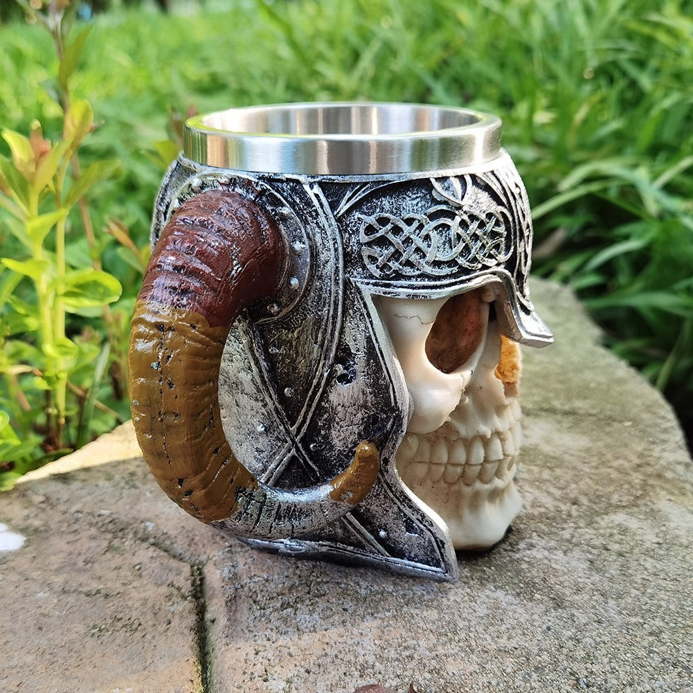 Stainless Steel Horns & Skull & Helmet Mug - Gothic Beer Stein for Halloween, Viking Party, and Medieval Themed Events - Perfect for Beer, Ale, and Mead Drinking