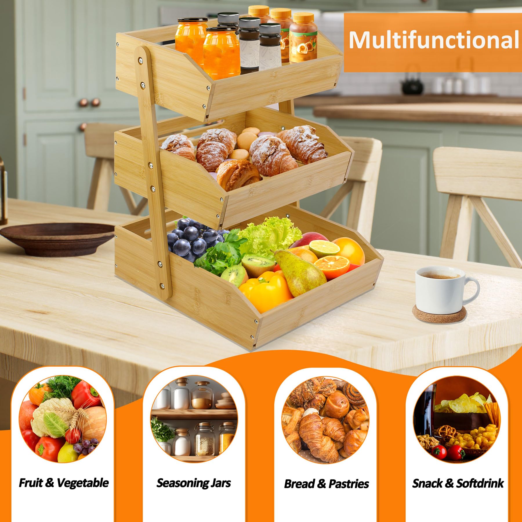 3-Tier Bamboo Fruit Basket Stand for Kitchen Counter - Large Fruit & Vegetable Storage Bowl, Display Rack for Fresh Produce - Perfect for Kitchen Organization, Pantry Storage & Healthy Snack Display