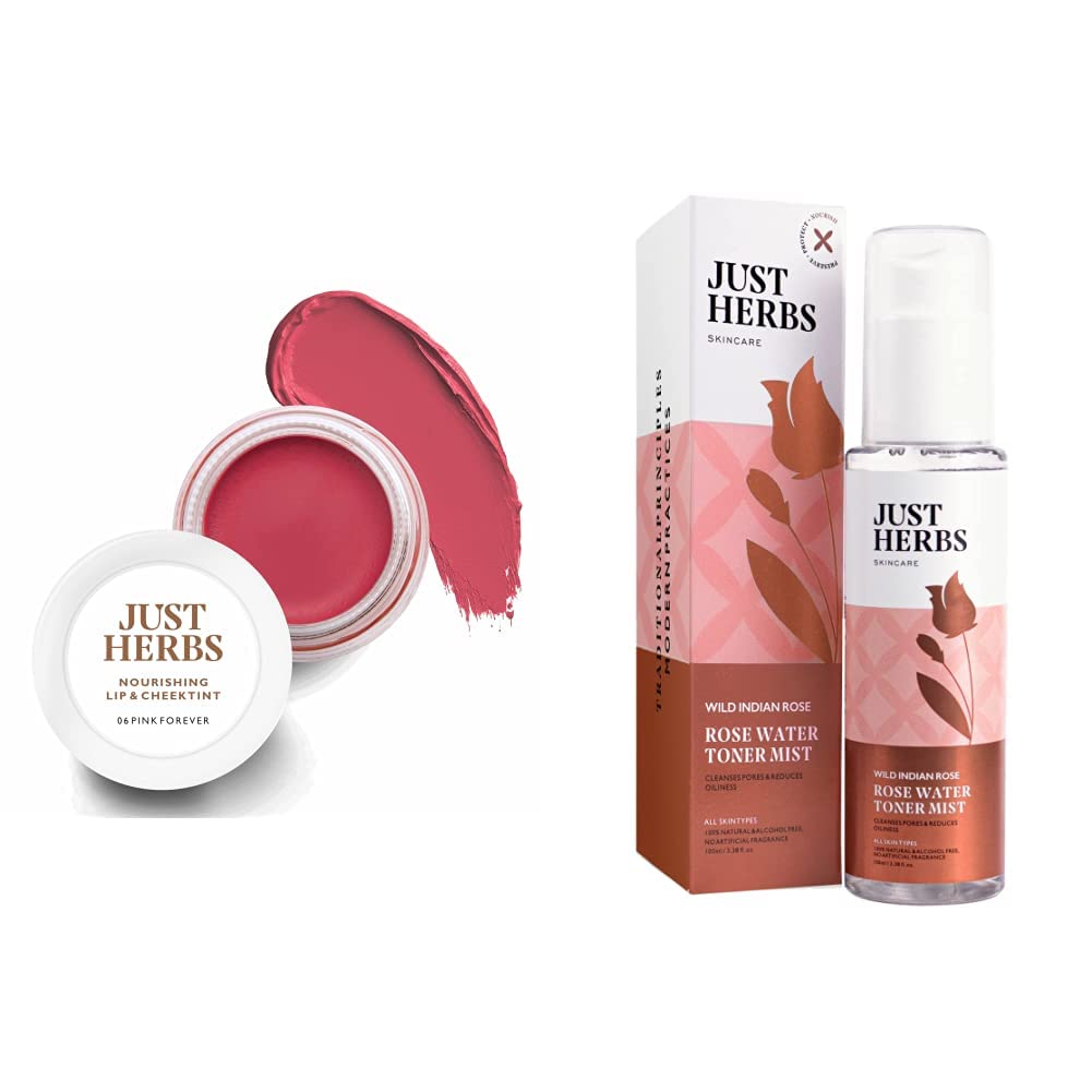 Just Herbs Ayurvedic Natural Lip & Cheek Tint - 06 Pink Forever (Creamy Matte) & Rose Water Facial Mist Toner 100ml | Vegan, Cruelty-Free Makeup & Skincare Duo for Hydration & Natural Blush | Perfect for Daily Glow & On-the-Go Touch Ups