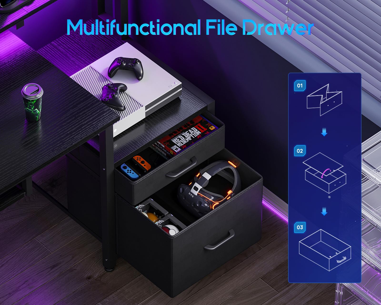 **AODK 55-Inch Gaming Desk with Power Outlets & LED Light - Reversible PC Desk with Fabric Drawer, File Cabinet & Keyboard Tray - Black Computer Desk for Home Office, Gaming & Workstation Setup**