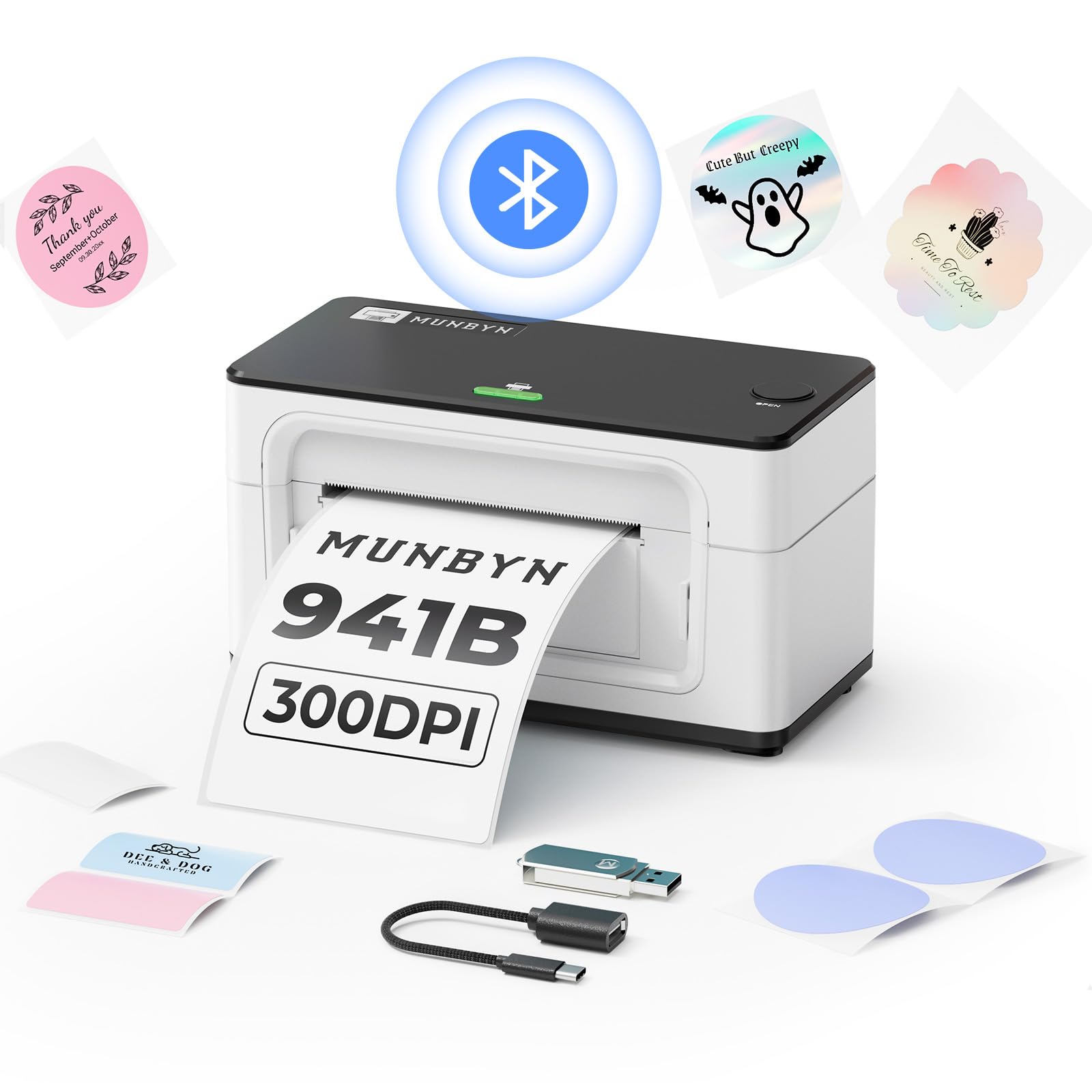 MUNBYN 941B Wireless Bluetooth Thermal Label Printer - 300DPI 4x6 Shipping Label Printer for Small Business | Compatible with Windows, Mac, iOS, Android | Works with Amazon, eBay, Shopify, Etsy, USPS | Perfect for Home Office & E-commerce Shipping (White)