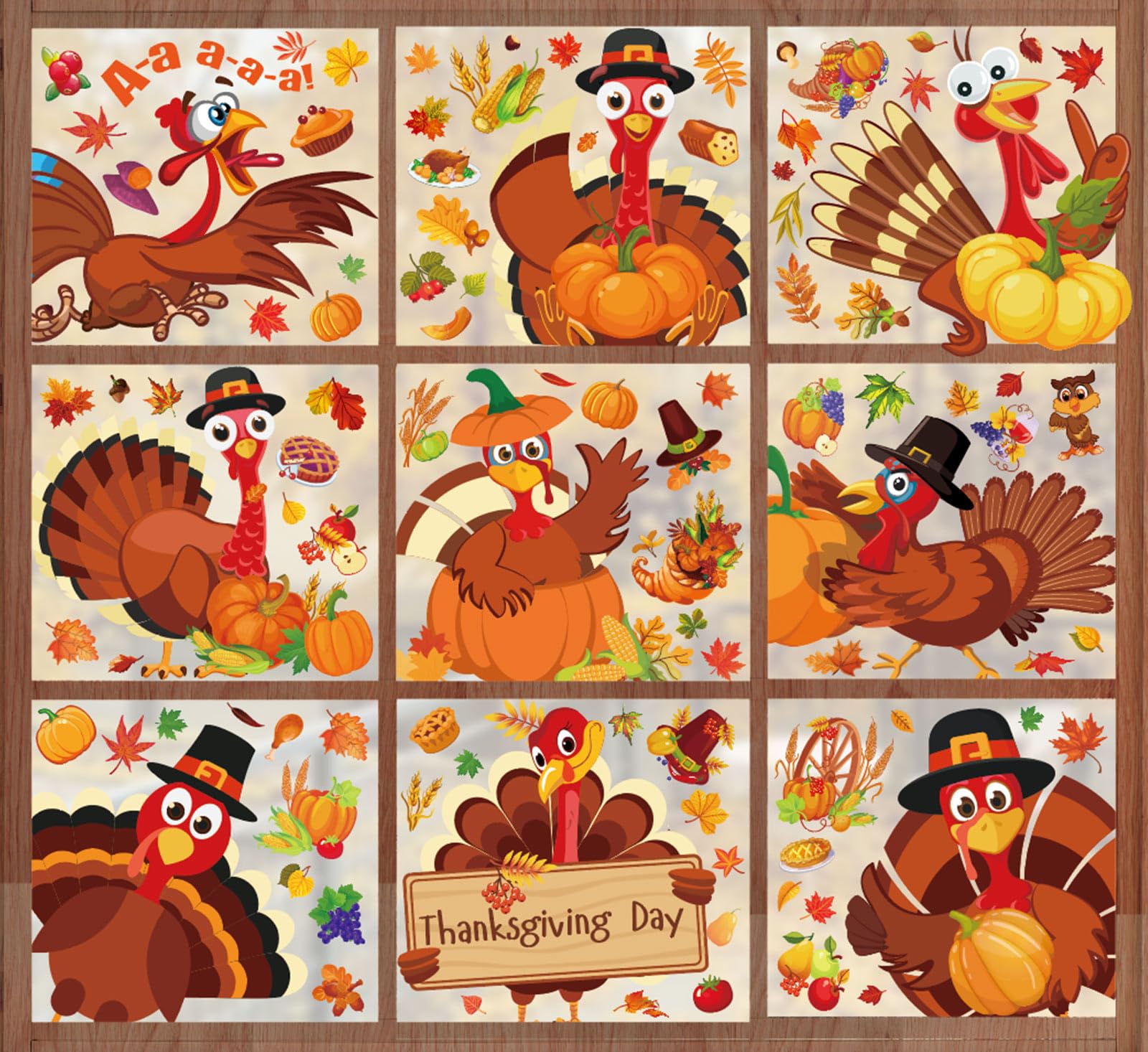 9 Sheet Thanksgiving Window Clings - Autumn Turkey Pumpkin Fall Leaves Window Decals for Home, School, Office Decor | Seasonal Party Supplies & Holiday Gifts | Perfect for Thanksgiving Decorations, Classroom Activities & Festive Home Styling