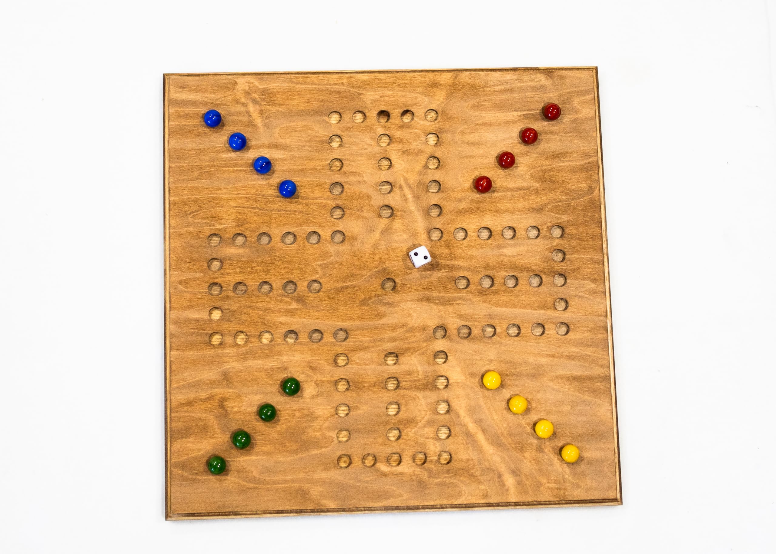 WAHOO/MARBLES 16x16 Inch Real Wood Board Game Set with Marbles & Dice - 4 Player Stained Tabletop Game for Family Game Night, Parties, and Indoor Entertainment
