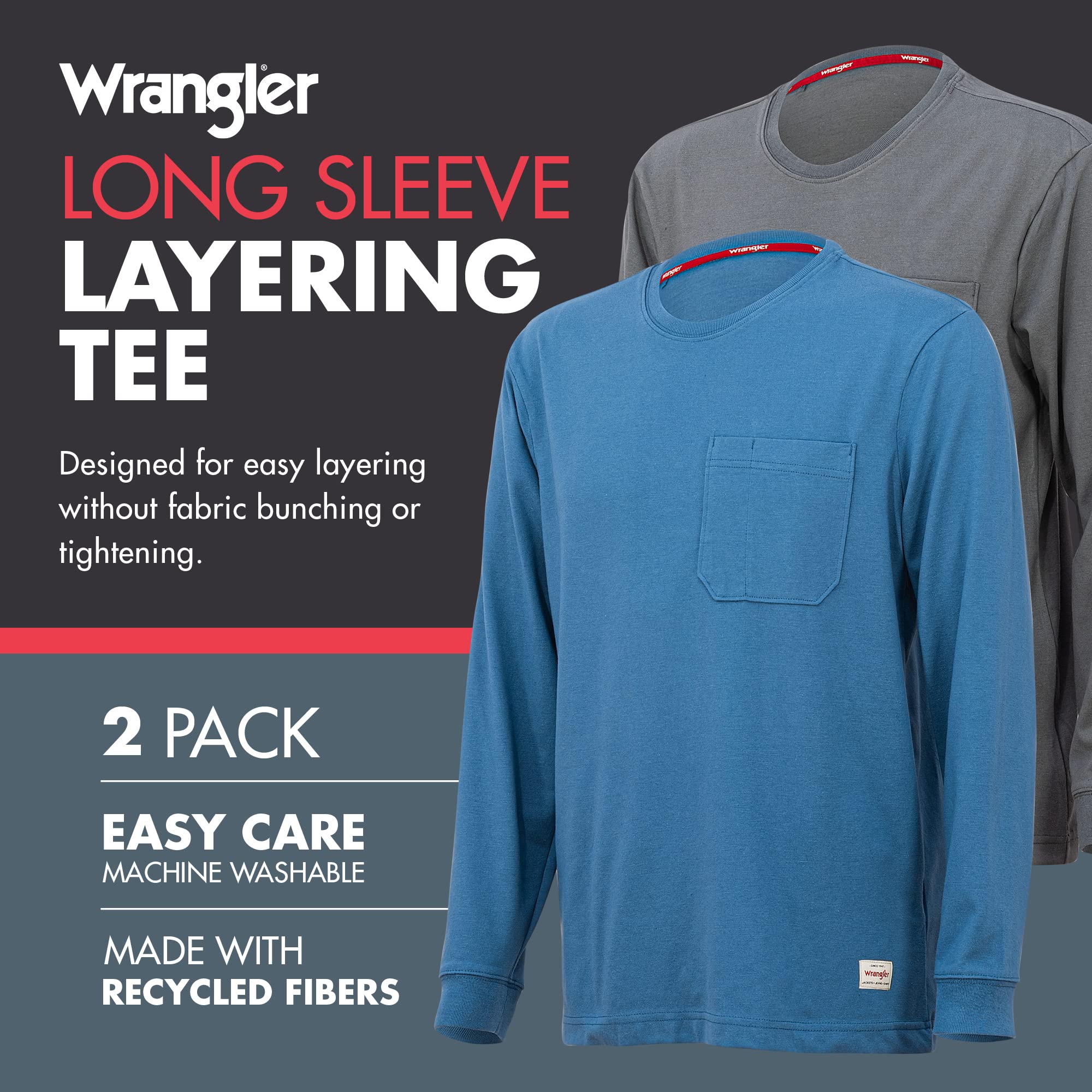 Wrangler Men's Long Sleeve Layering T-Shirt - Core Comfort Fit Cotton Tee for Casual Wear, Outdoor Activities & Workout Layering