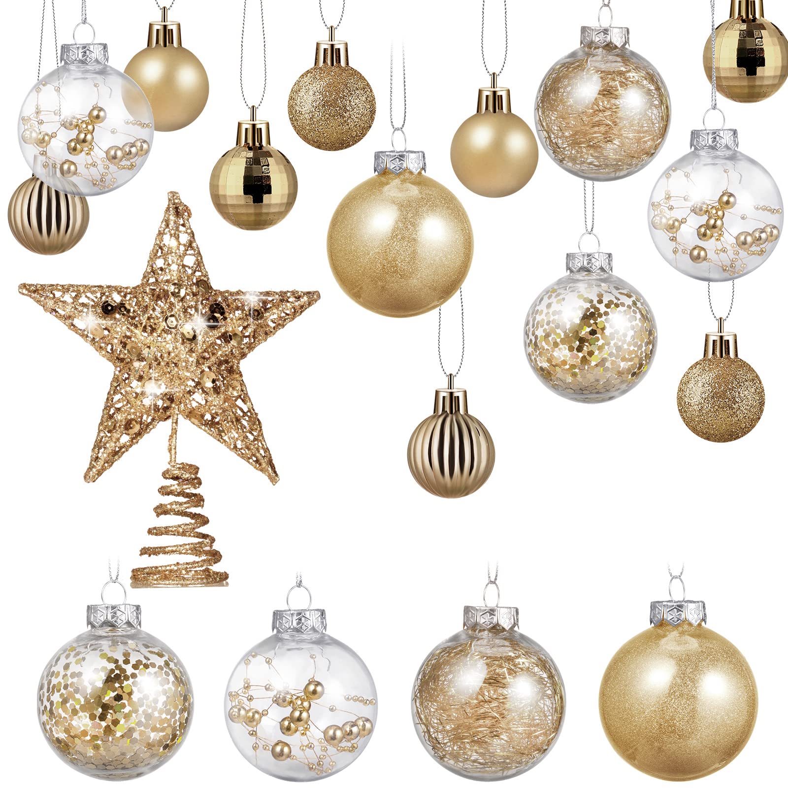 Christmas Tree Ornaments Set - 37 Pcs Champagne Gold Star Baubles & Plastic Tree Topper for Holiday Decor | Indoor & Outdoor Xmas, Birthday Party, Home, Office Decoration