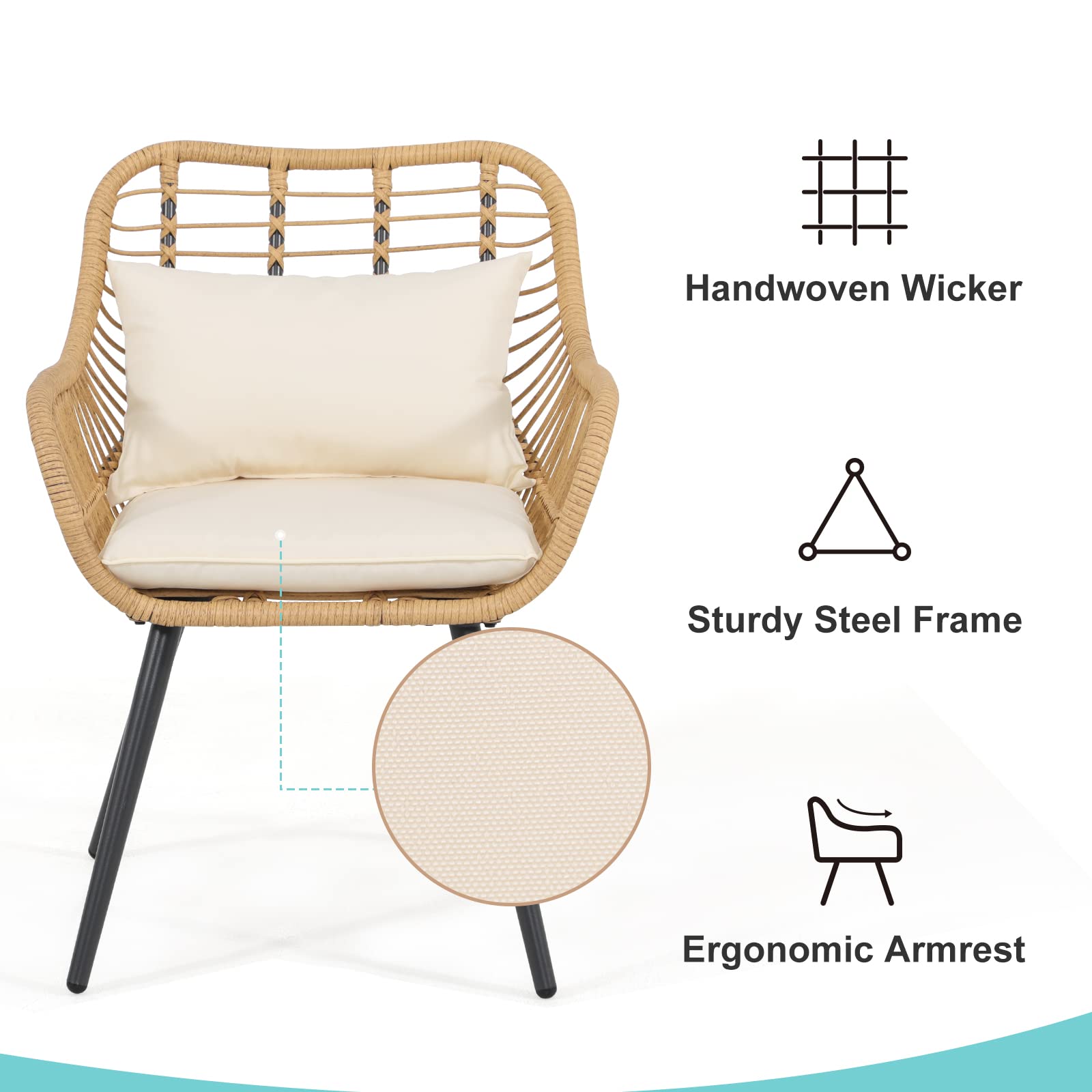Verano Garden 3-Piece Patio Bistro Set - Outdoor Wicker Conversation Chairs with Glass Top Coffee Table & Cushions - Perfect for Balcony, Porch, Backyard, Deck and Poolside Relaxation | Durable Weather-Resistant Patio Furniture for Outdoor Entertaining & Lounging