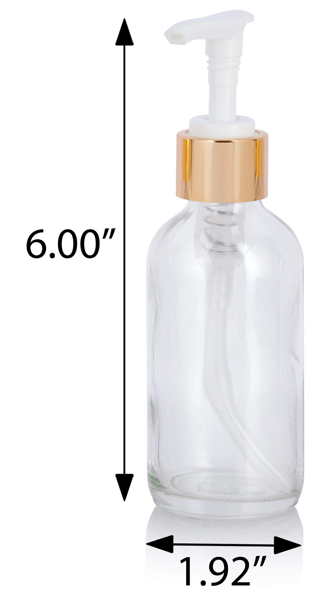 JUVITUS 4 oz Clear Boston Round Glass Bottles with Gold Lotion Pump - Thick Plated, 4 Pack + Bonus Funnel - Perfect for Essential Oils, DIY Skincare, and Travel Toiletries