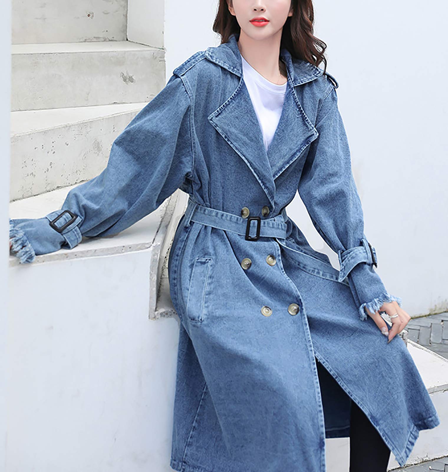 Stylish Women's Long Denim Jacket with Belt - Oversized Button Down Trench Coat for Spring - Casual Long Sleeve Jean Jacket for Everyday Wear, Date Night & Outdoor Activities