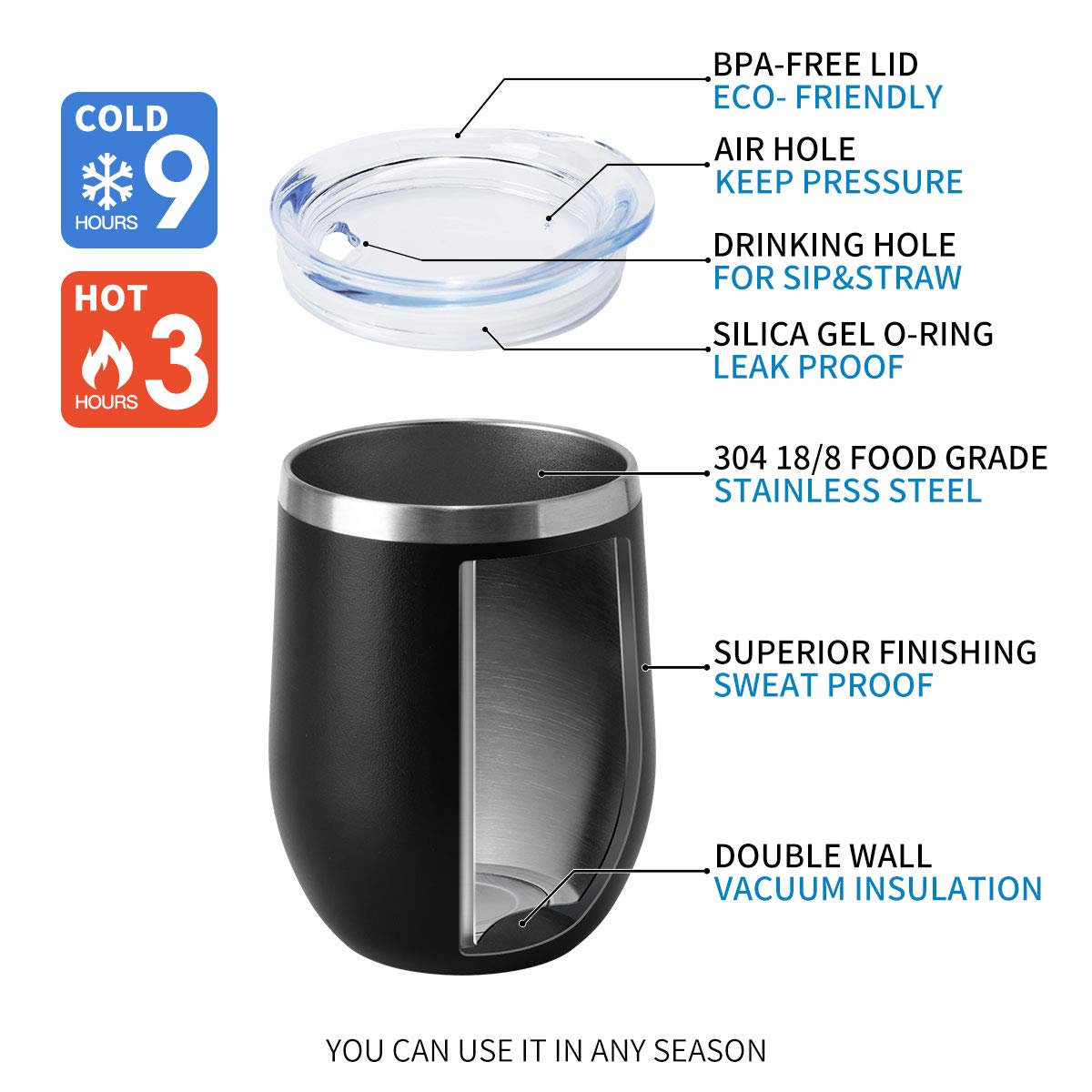 HASLE OUTFITTERS 12oz Stainless Steel Wine Tumbler with Lid - Double Wall Vacuum Insulated Stemless Wine Glass for Hot & Cold Drinks - Travel Mug for Coffee, Cocktails, Beer - Perfect for Picnics, Camping & Office Use (12 Pack, Black)