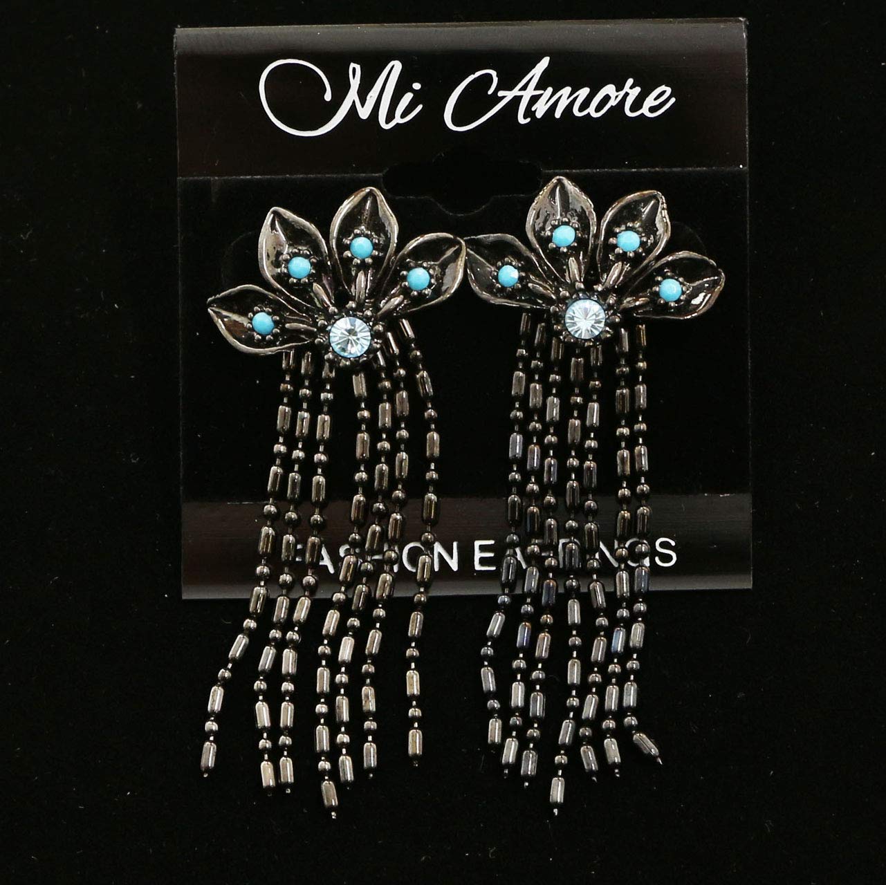 Mi Amore Crystal Dangle Earrings Dark Silver Blue for Evening Parties