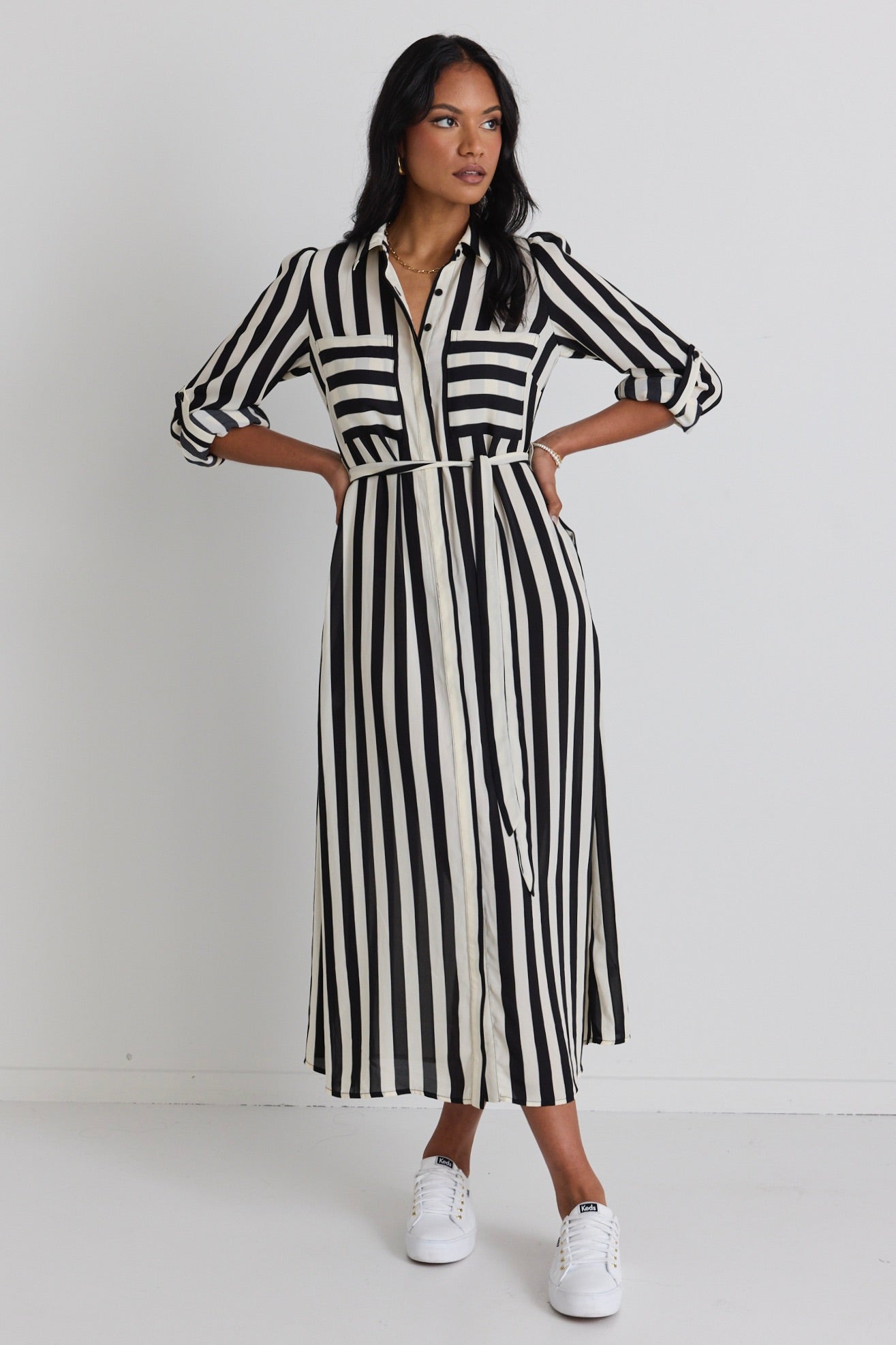 Stylish Cyprus Black and White Stripe Long Sleeve Midi Dress for Women | Casual & Office Wear | Perfect for Fall & Winter Outfits