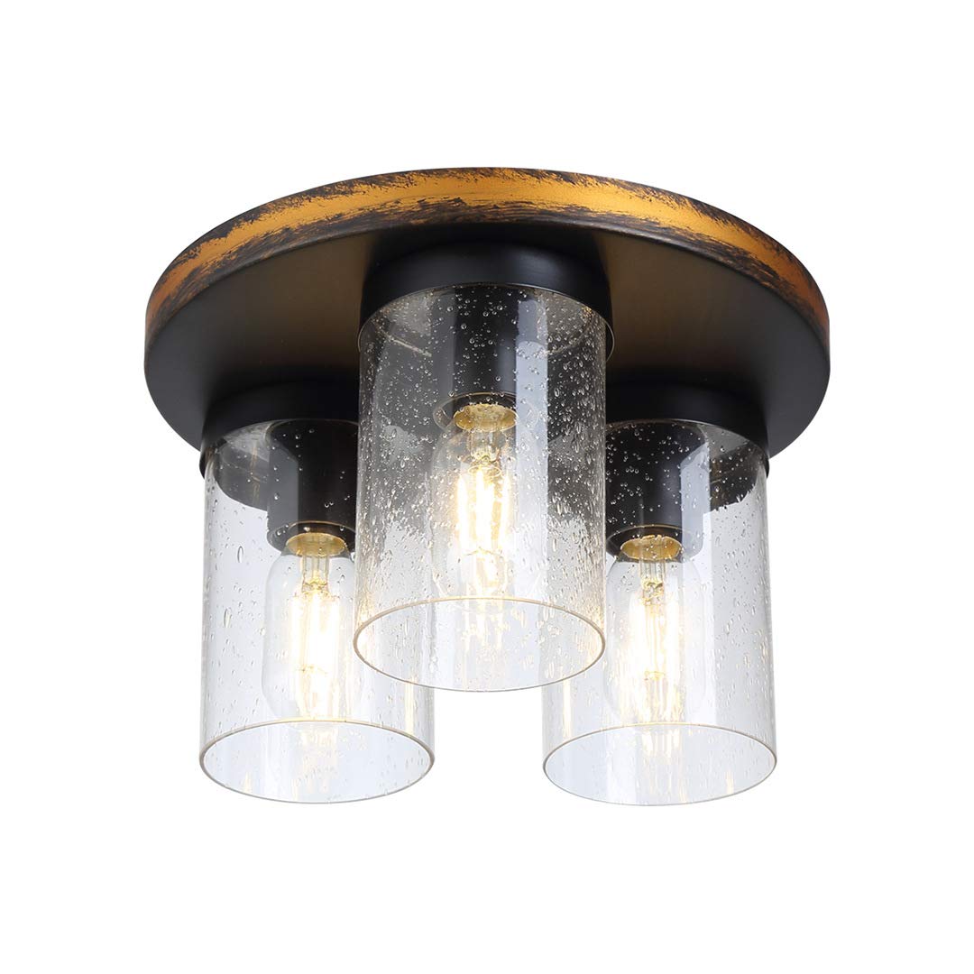 Dimmable Tricolor LED Ceiling Light Fixture - 3-Light Semi-Flush Mount for Indoor/Outdoor Use - Oil Rubbed Bronze Finish with Clear Seeded Glass Shade - Perfect for Living Room, Bedroom, Porch & Patio Lighting