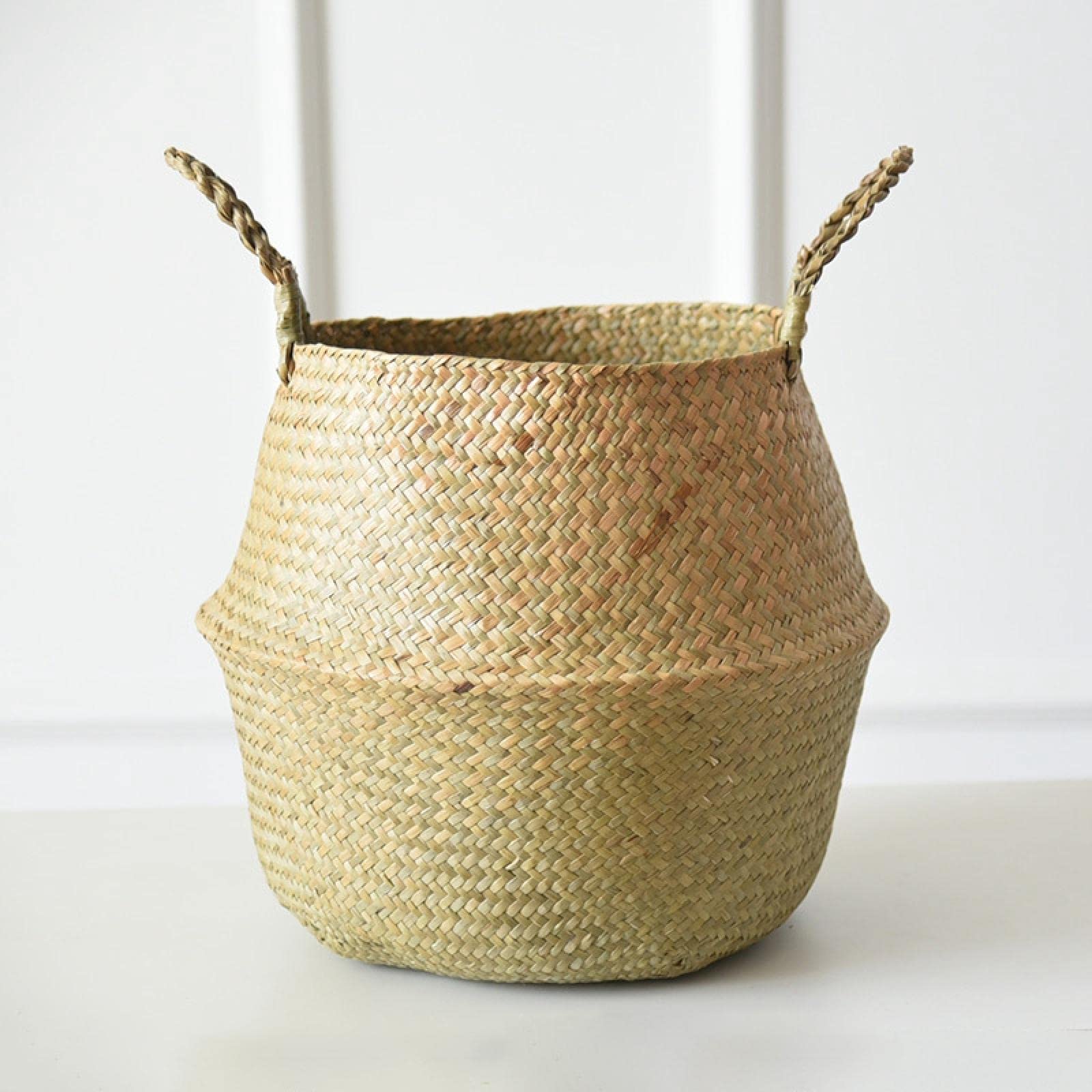 Handmade Seagrass Storage Basket - Foldable Woven Laundry & Clothes Organizer, 32x28cm Multi-Purpose Plant Basket for Garden, Home Decor & Nursery Use