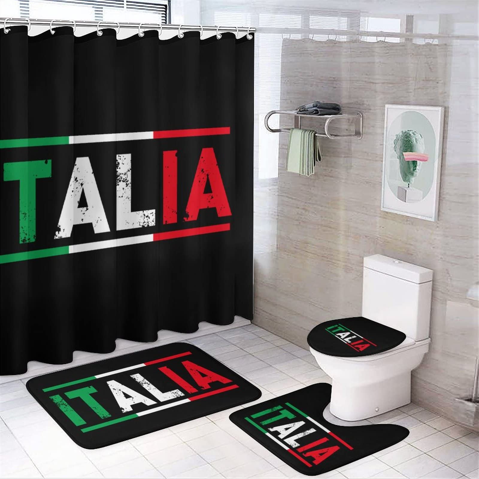 Italy Flag Shower Curtain Set with Non-Slip Bath Mat, Toilet Lid Cover & Rugs - 4 Piece Bathroom Decor Accessories for Italian Theme Bathroom Decor & Gift Ideas