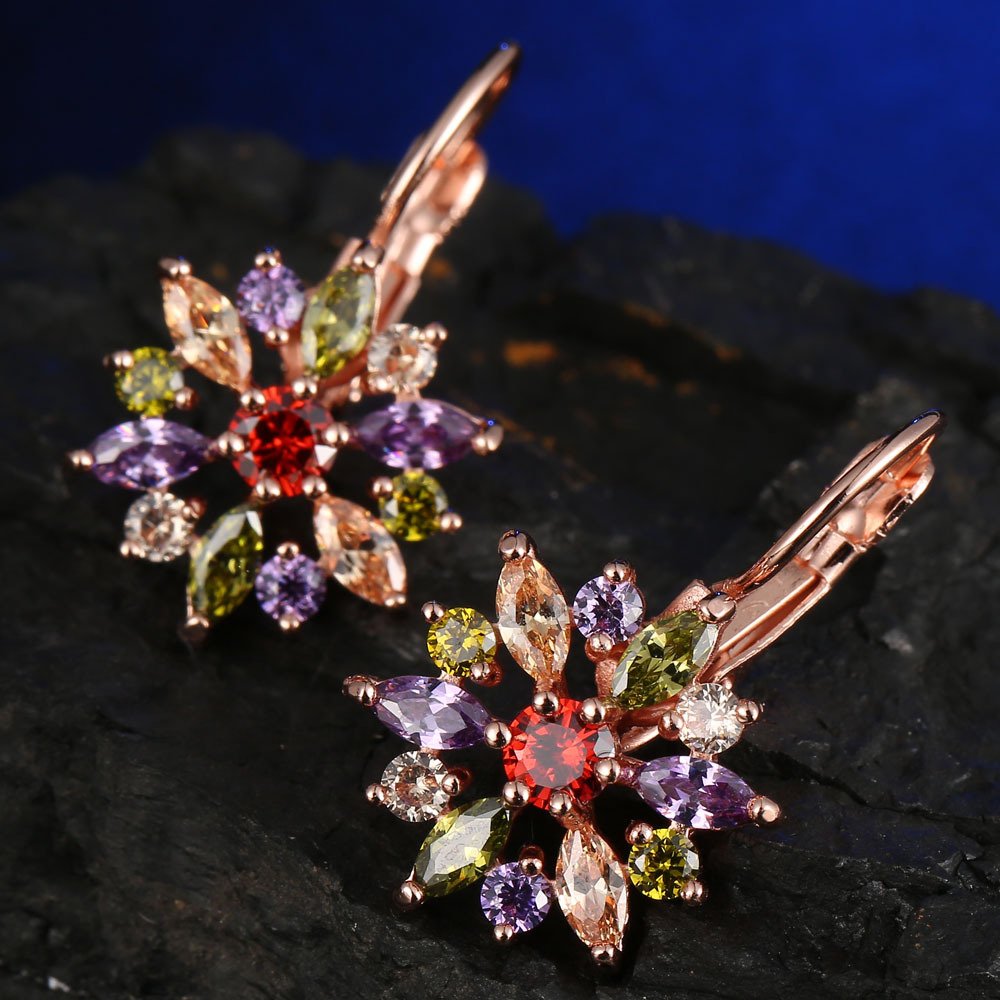 Rose Gold Plated Cubic Zirconia Flower Hoop Earrings for Women - Elegant Dangle Jewelry for Party, Wedding & Everyday Wear