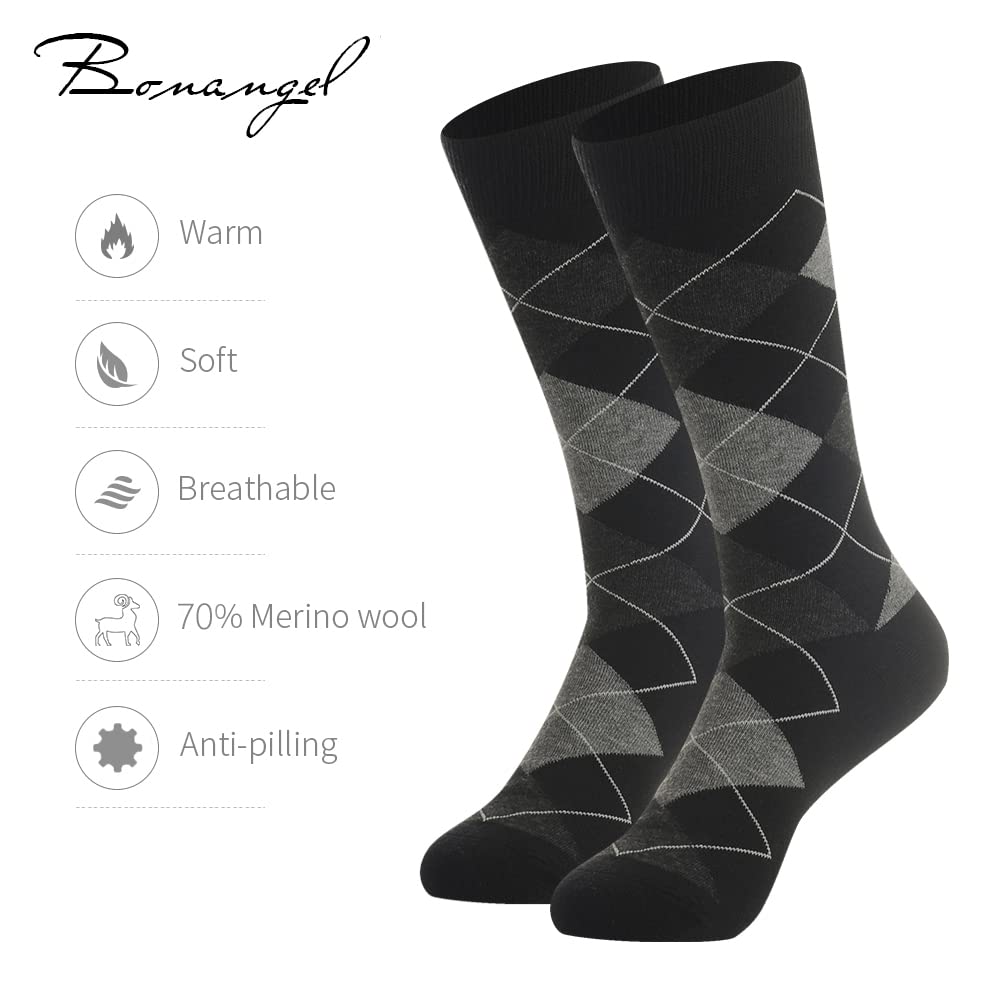 BONANGEL Men's Merino Wool Thermal Socks - Winter Warm Dress Socks for Business & Casual Wear - Black (Perfect for Office, Travel & Outdoor Activities)