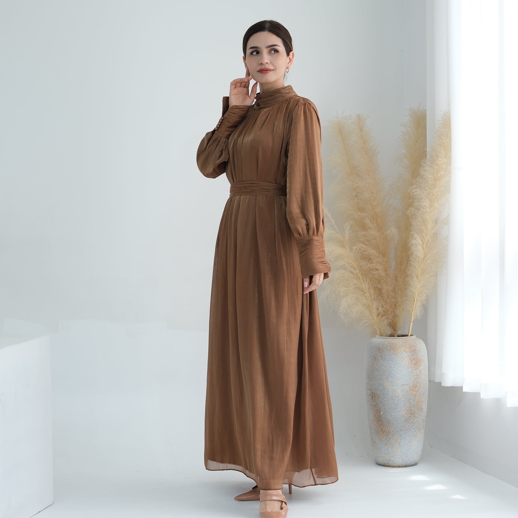 Indira Sparkles Long Sleeve Maxi Dress for Women - Elegant Boho Flowy Evening Gown in Brown | Perfect for Weddings, Parties & Special Occasions