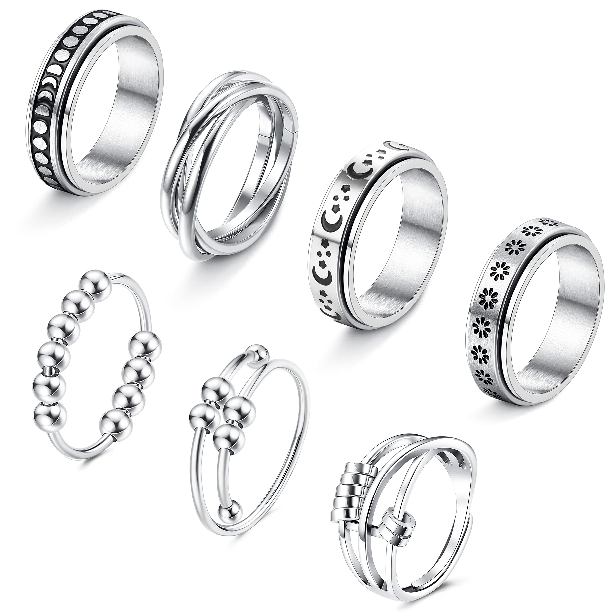 Fansilver 7-Piece Stainless Steel Fidget Rings Set for Adults - Adjustable Spinner Rings with Bead, Flower, Moon & Star Designs (Size 5-10) - Anxiety Relief & Stress Relief Jewelry for Women & Men - Perfect for Office, School, Travel & Daily Wear