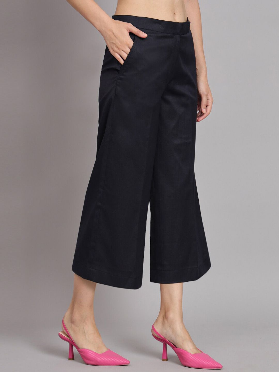 Poly Cotton Mid Waist Culottes for Women - Navy Blue High Waist Palazzo Pants | Comfortable Office Wear & Casual Summer Outfits