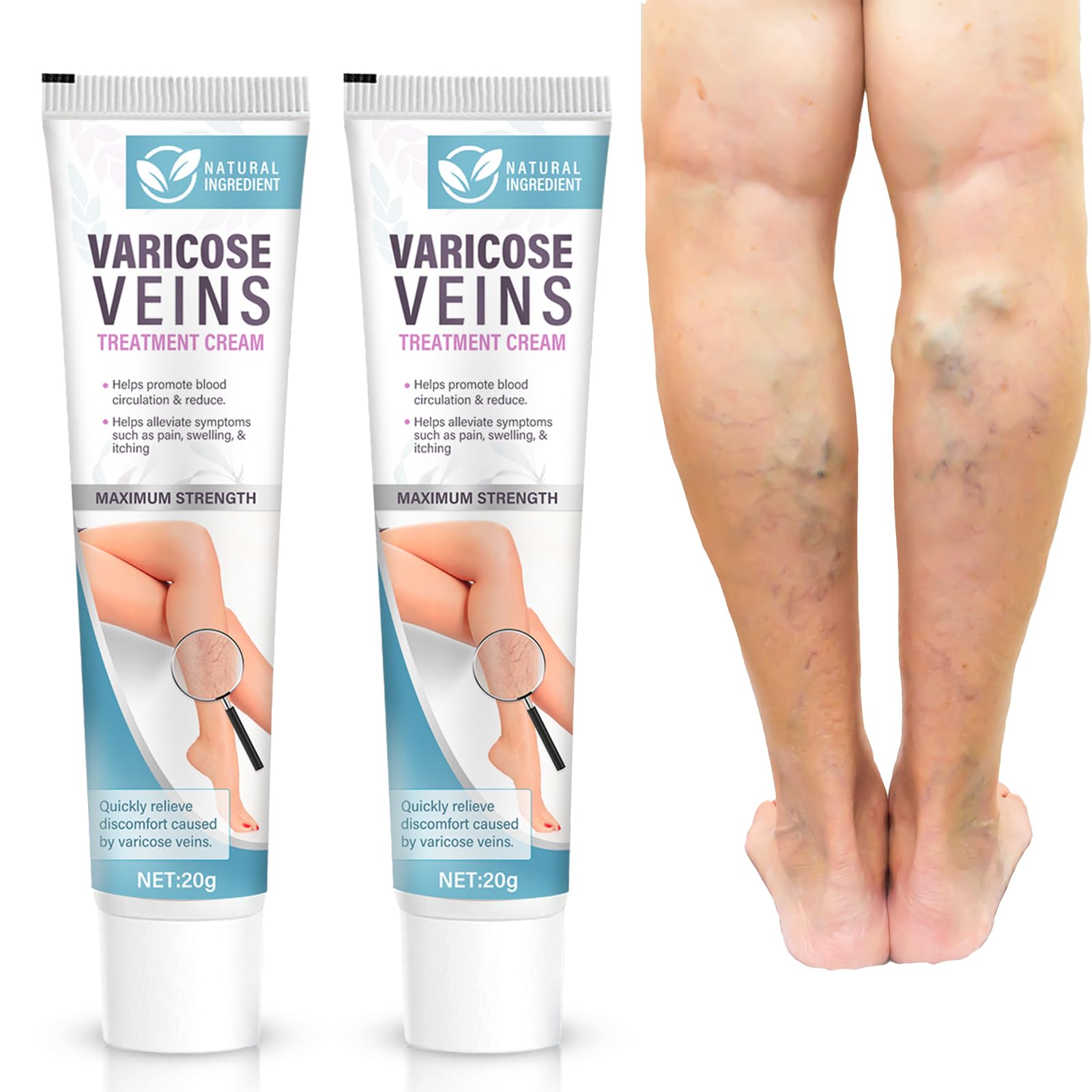 Varicose Veins Treatment Cream for Legs - Improves Blood Circulation, Reduces Spider Veins & Leg Heaviness - 2 Pack (60ml Each) - Perfect for Daily Use at Home, Office or Travel