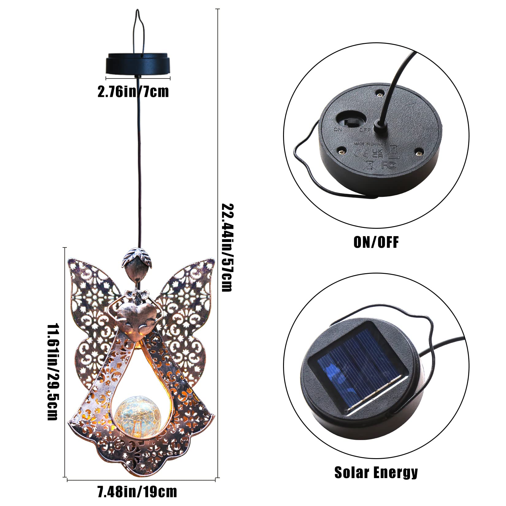 Outdoor Hanging Solar Lights - Waterproof LED Solar Lantern with Crackle Glass Globe & Metal Angel Design for Porch, Patio, Yard, Garden - Perfect for Memorial Gifts, Evening Ambiance & Landscape Lighting