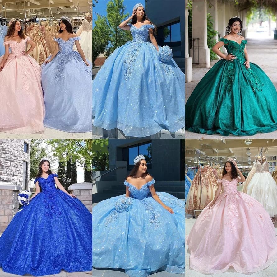 Elegant Long Prom Dress with Off-the-Shoulder Design | Quinceañera Ball Gown with 3D Handmade Tulle Flowers | Sweet 16 Dresses for Formal Dances & Special Occasions