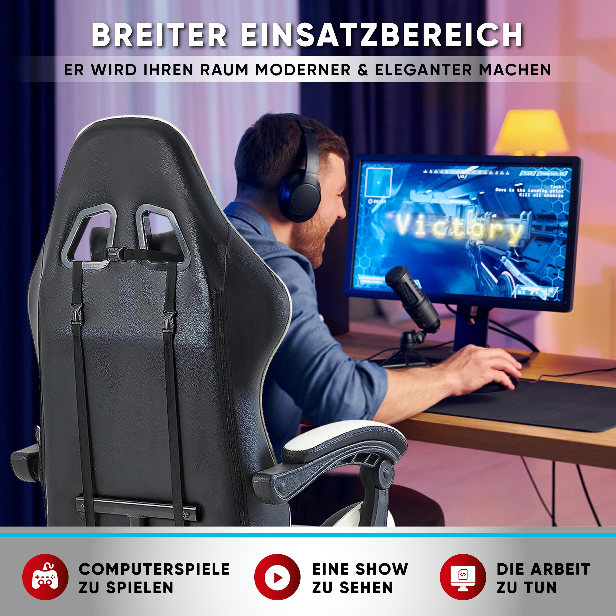 Ergonomic Walden Gaming Chair - Adjustable Office Chair with Lumbar Support, Swivel & Height Adjustable for PC, Racing & Video Games - Perfect for Home Office, Gaming Setup & Workstations (White)