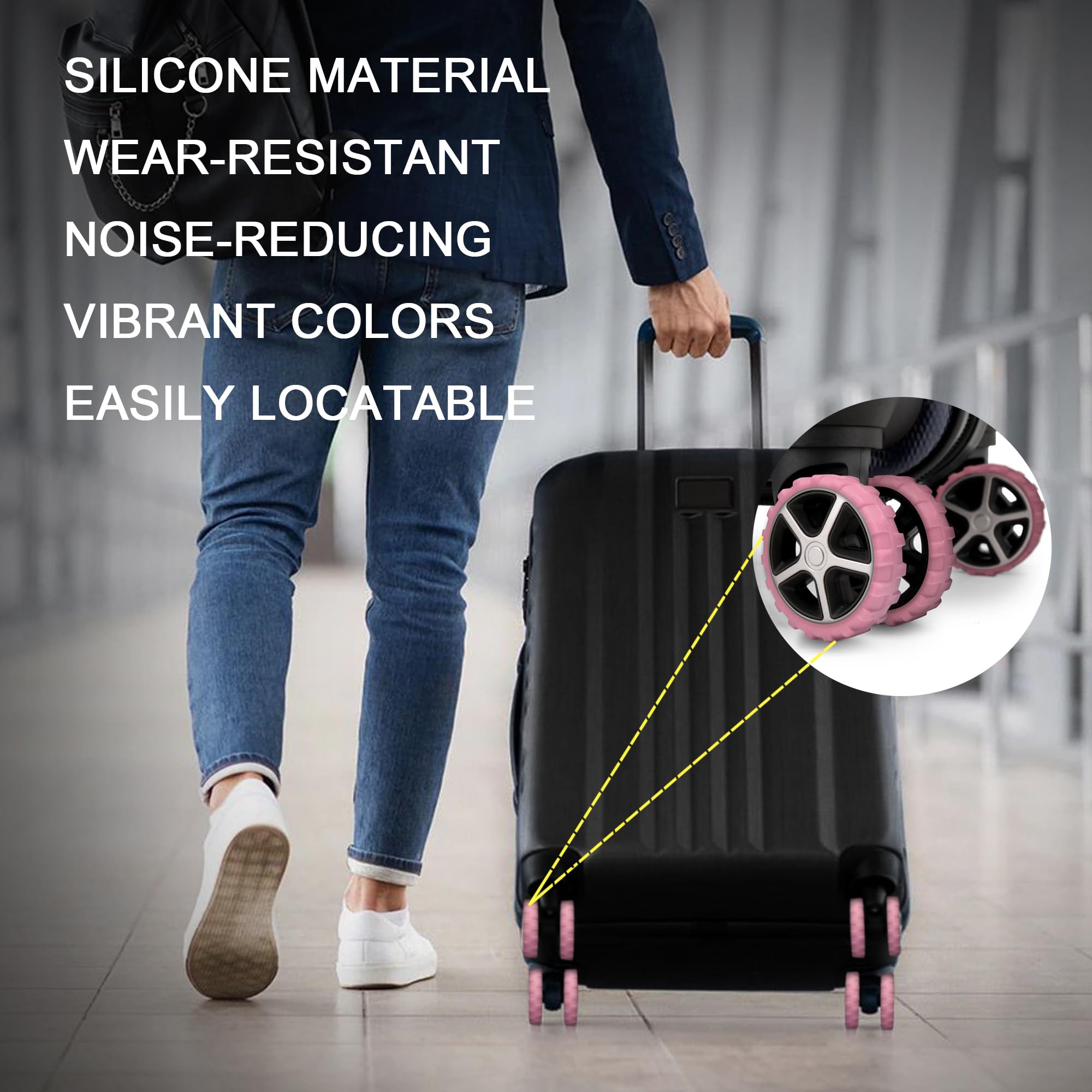 8 Pack Silicone Luggage Wheel Covers for 8-Spinner Suitcases - Noise Reducing & Shock Absorbing Travel Accessories (Pink) - Perfect for Airports, Business Trips and Family Vacations