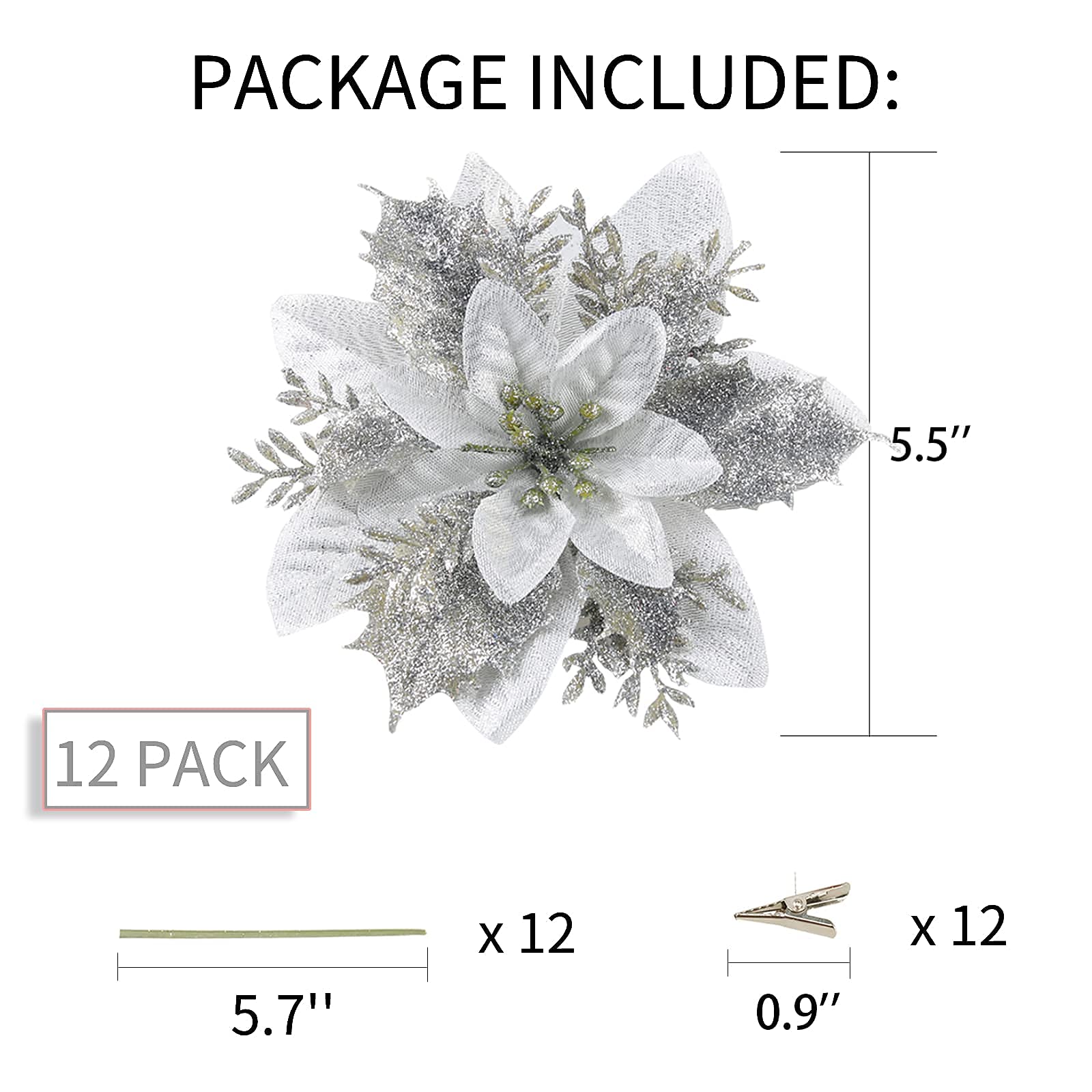 12 Pack Christmas Poinsettia Flowers with Clips & Stems - Glitter Silk Floral Picks for Holiday Decorations, Wreaths, Tree Ornaments, Table Centerpieces & Party Decor (Silver) - Perfect for Christmas, Home, Office & Festive Celebrations