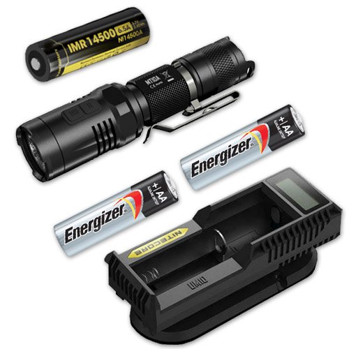 Nitecore MT10A 1000 Lumens LED Flashlight with IMR 14500A Battery, UI1 Charger & 2 AA Batteries - High Power Tactical Flashlight for Camping, Hiking, Emergency & Outdoor Adventures