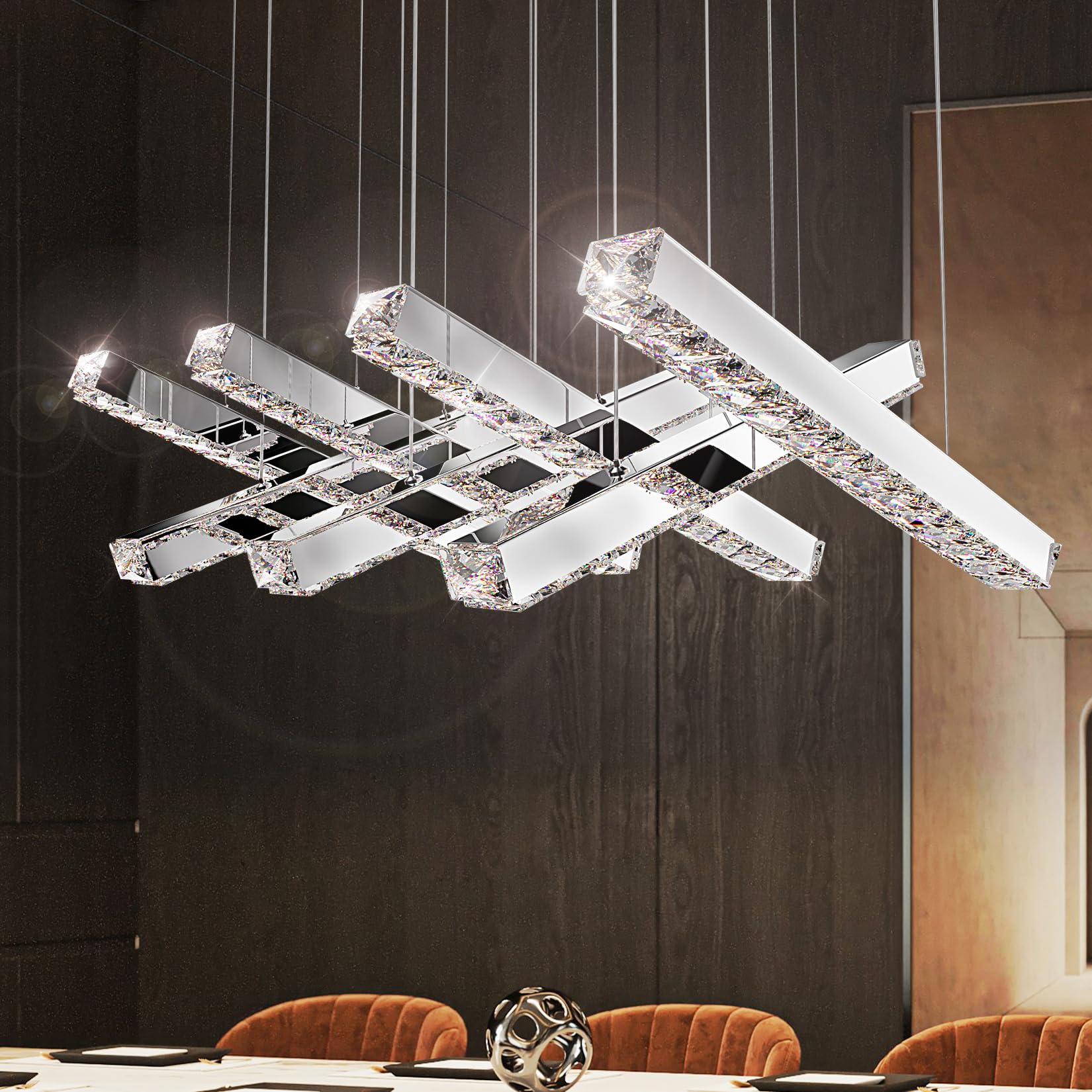 Modern Linear Crystal Chandelier - Contemporary Luxury LED Ceiling Light Fixture with Clear Crystals for Dining Room, Bedroom & Living Room - Perfect Above Table Lighting for Elegant Home Decor