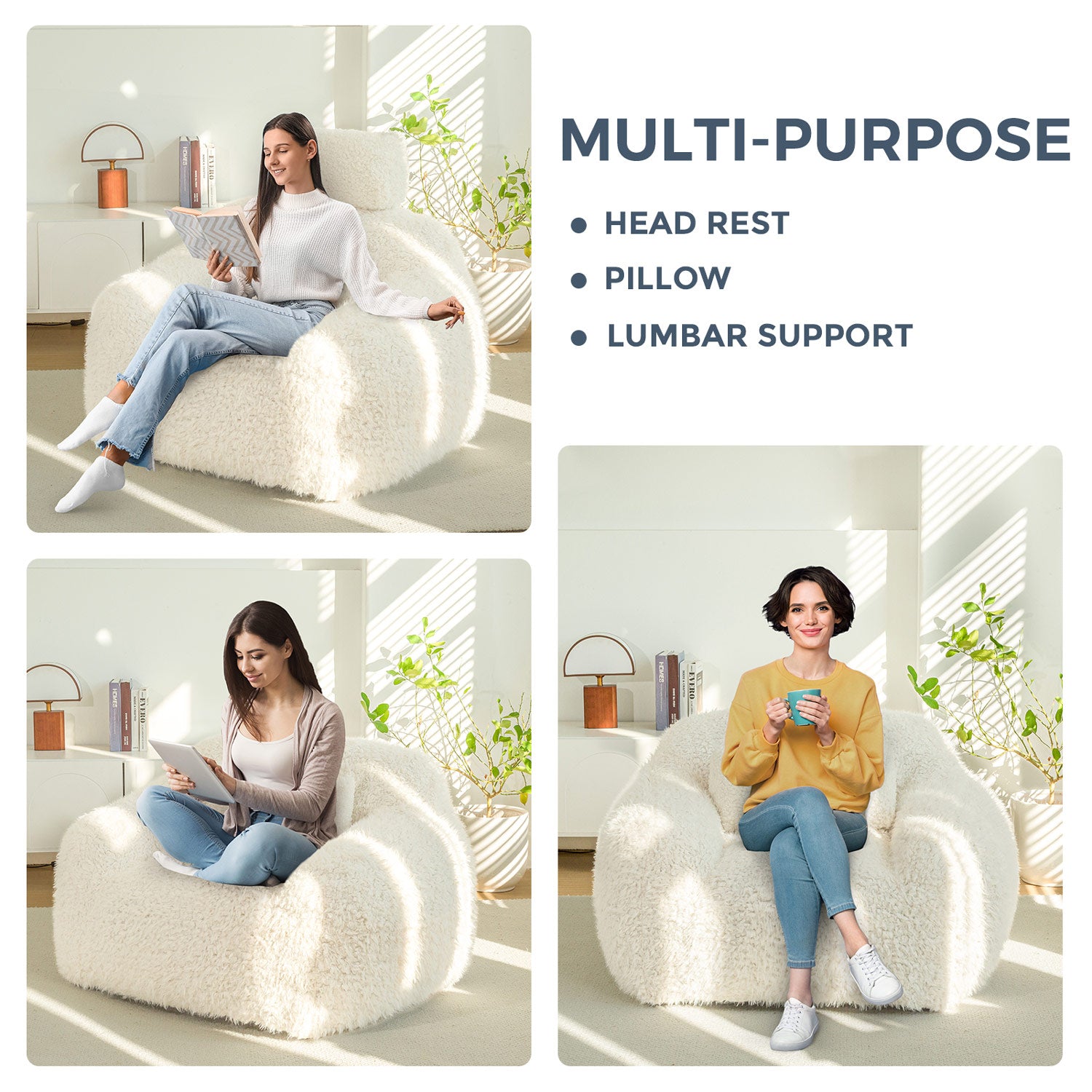 MAXYOYO Fluffy Comfy Large Bean Bag Chair with Pillow - Oversized Memory Foam Lounger for Adults & Teens - Perfect for Reading, Gaming, Movie Nights & Bedroom Relaxation - Beige