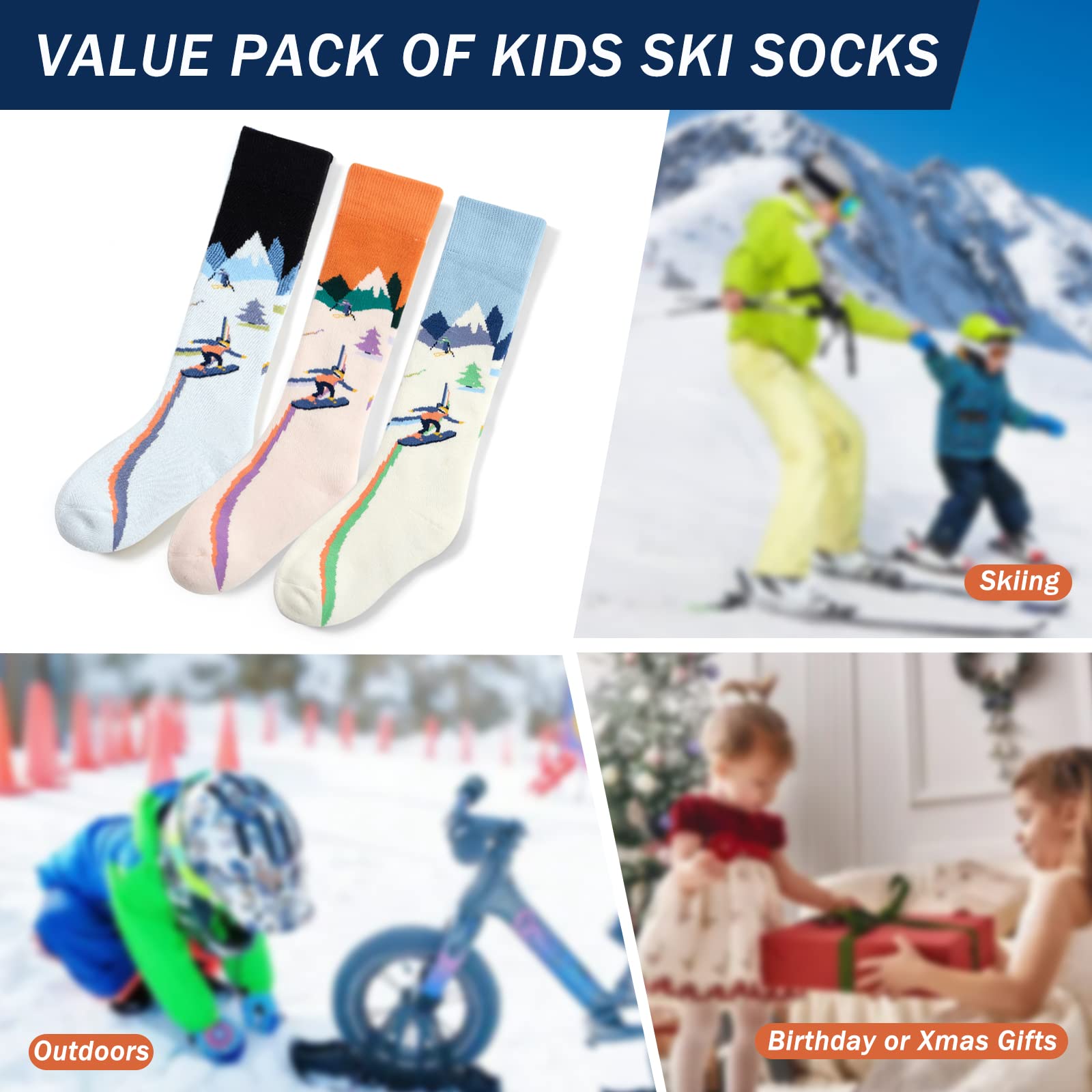 **Warm Thermal Ski Socks for Kids & Boys - 3 Pack Winter Snowboarding & Skating Socks for Boys & Girls - Perfect for Skiing, Snow Play & Cold Weather Activities**